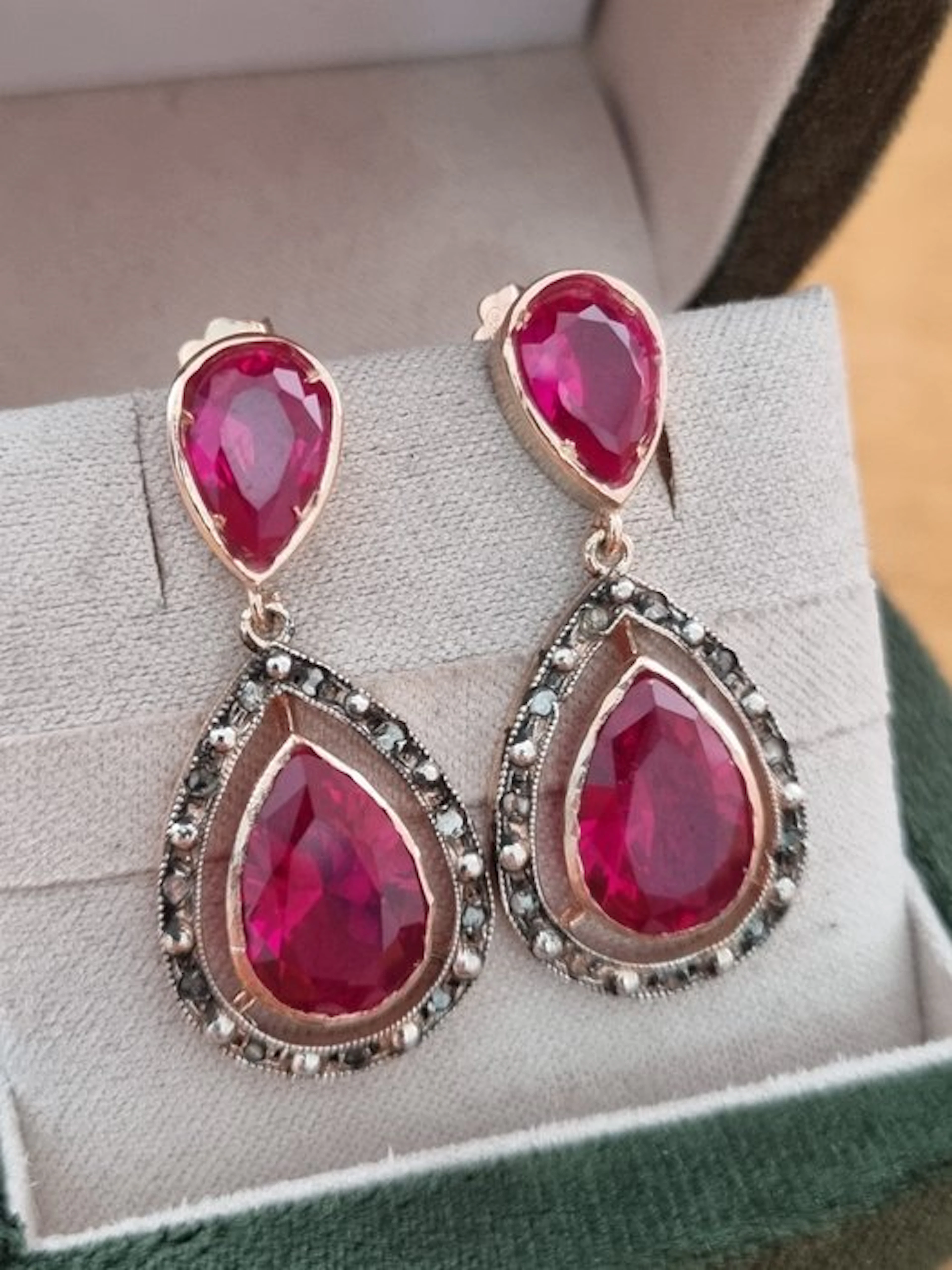 No reserve price - Earrings - 9 kt. Silver, Rose gold Ruby - Diamond