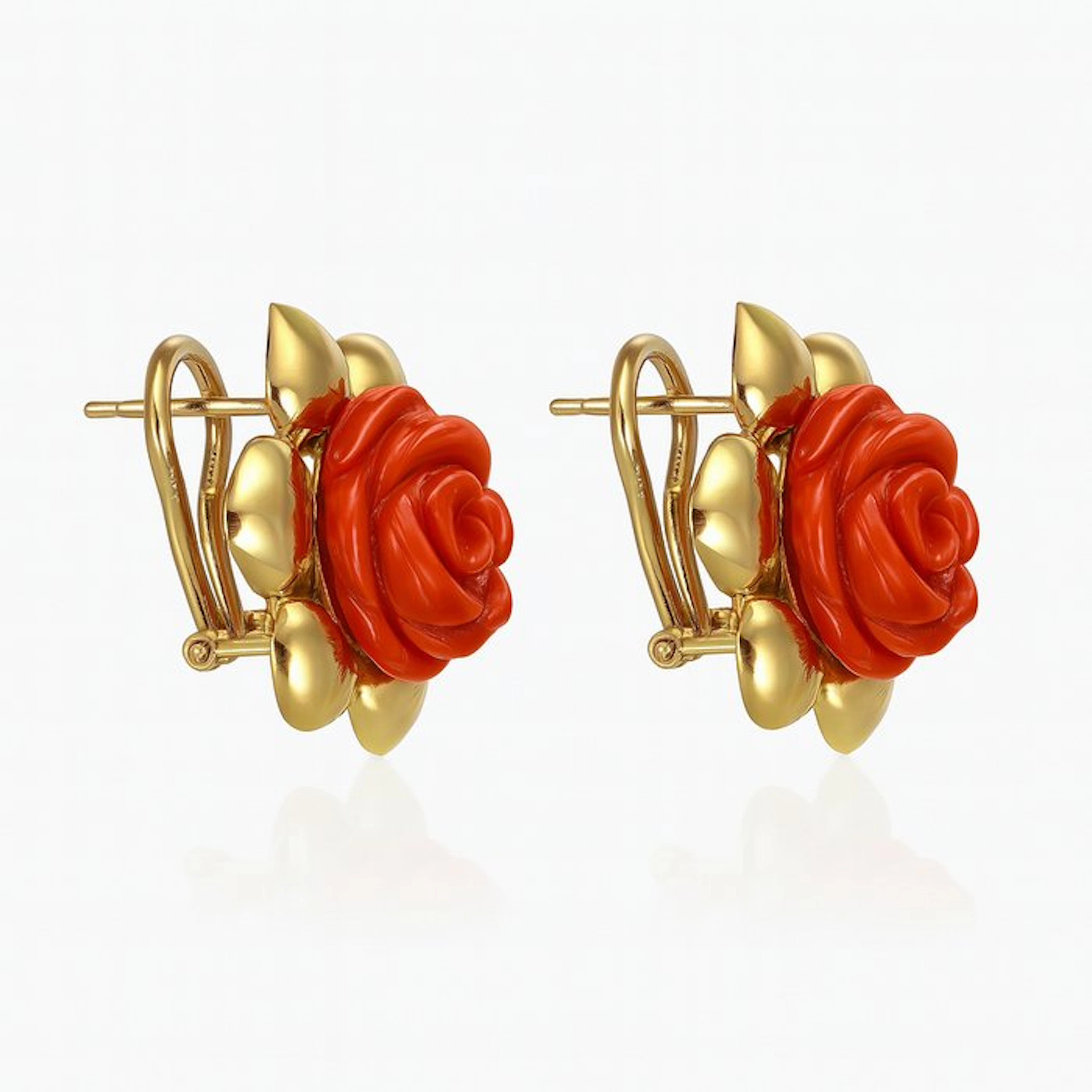 Earrings - 18 kt. Yellow gold Coral - Made in Italy - Handmade