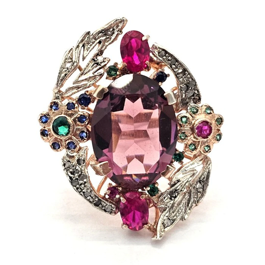 No reserve price - Ring - 9 kt. Rose gold, Silver Diamond (Natural) - Spinel