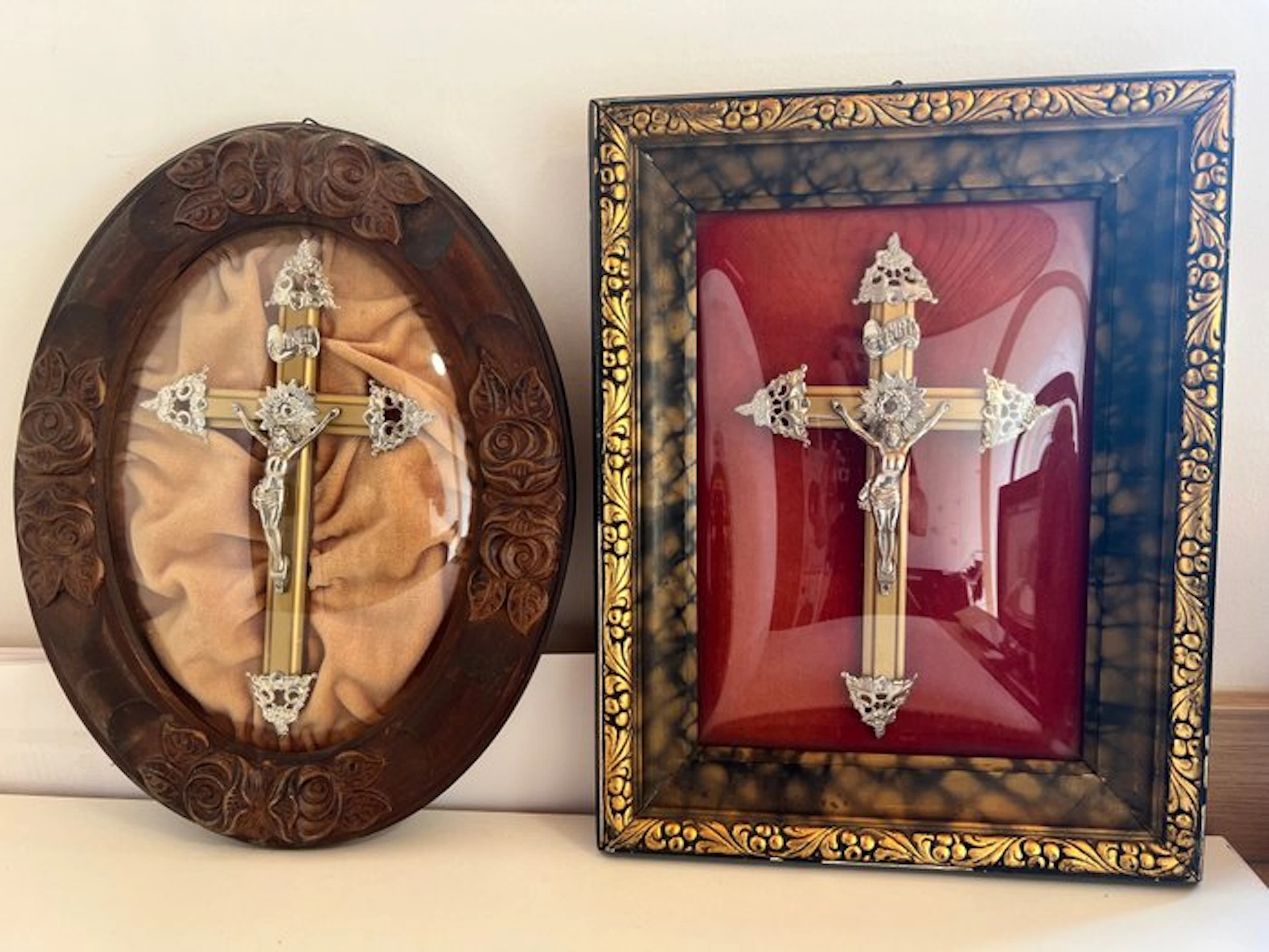 Antique Crucifix (2) - Devotional Convex Glass – Ornate Frames - 1910-1920