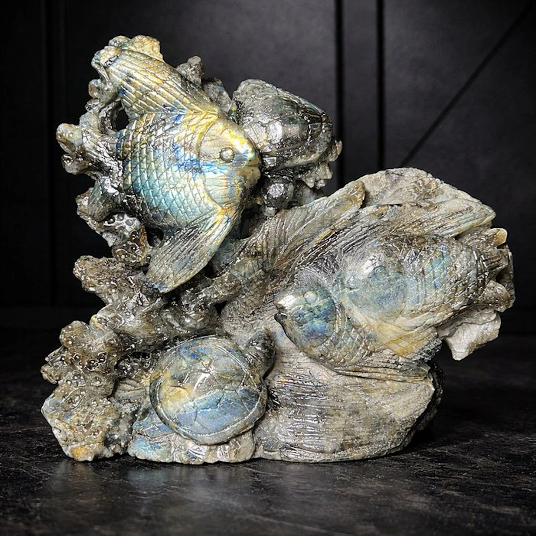 Labradorite Marine Life Carving – Underwater World with...