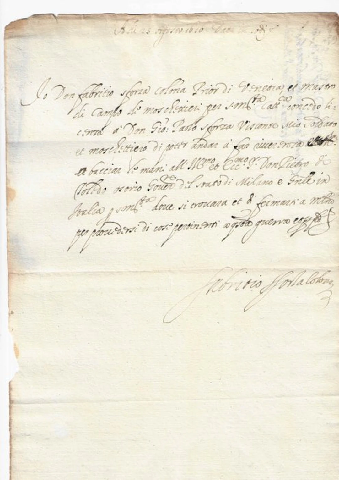 Fabrizio Sforza Colonna - Lettre signée - 1616