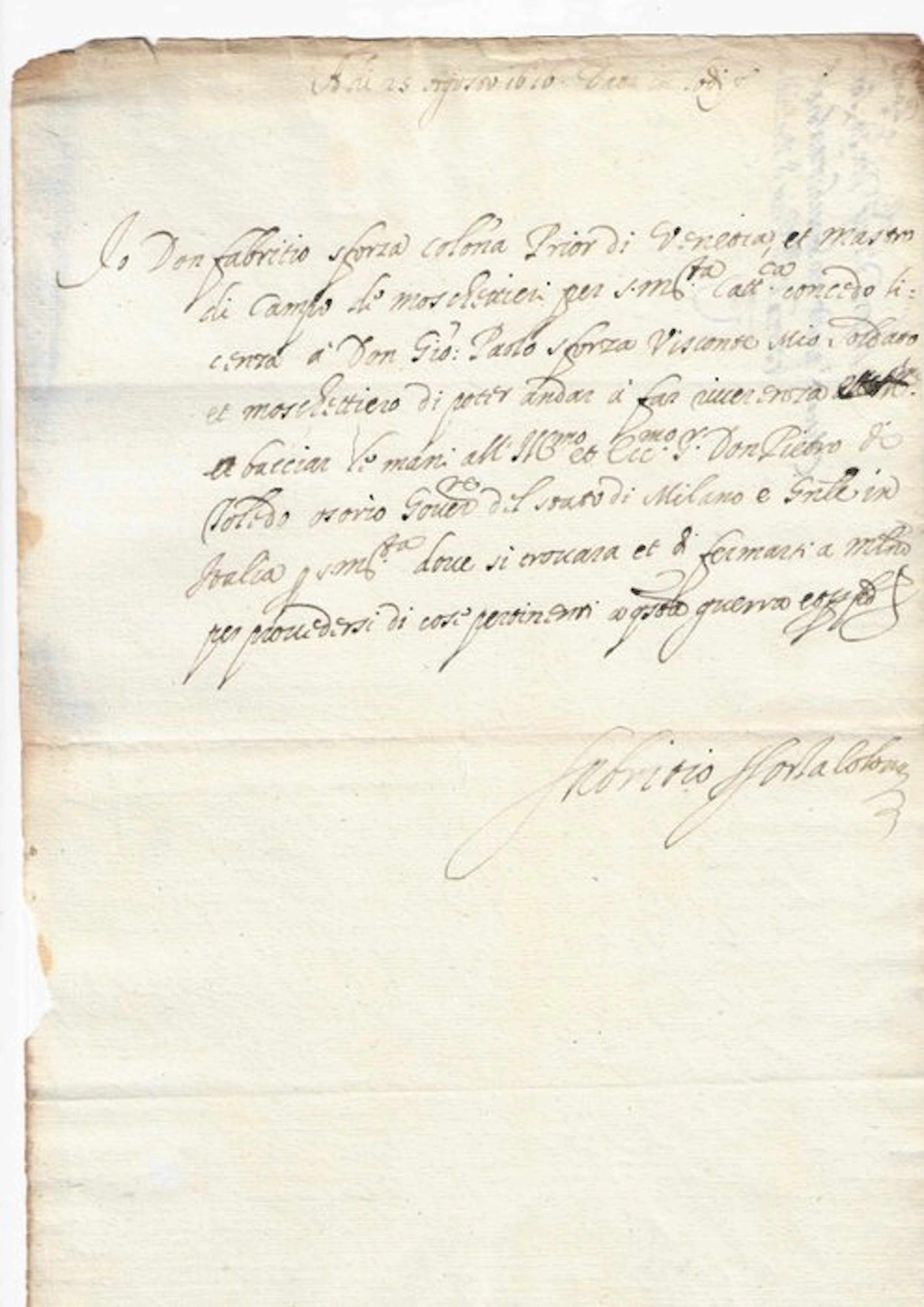 Fabrizio Sforza Colonna - Lettre signée - 1616