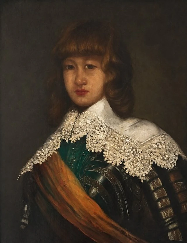 Dutch school (XIX) - Portret van een jonge edelman in rijk gedecoreerd harnas
