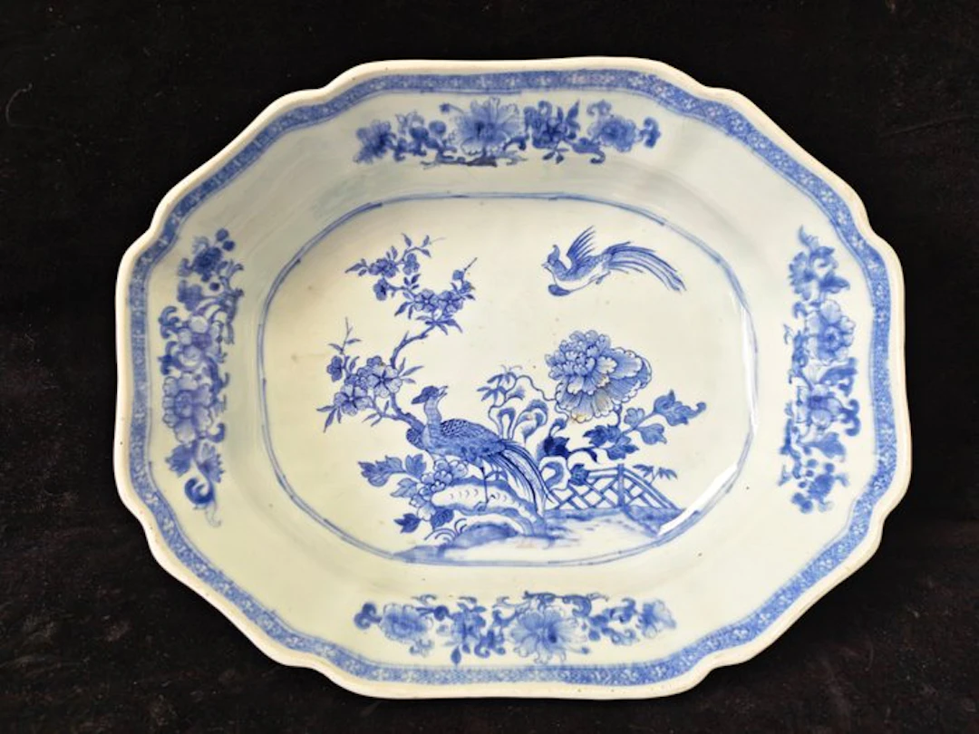 Blue and White Deep Dish with Peacock and Peony Design...