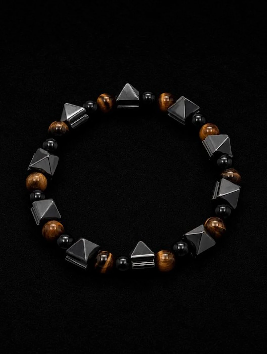 Elegant Tiger's Eye and Hematite Pyramid Bracelet - Men's...