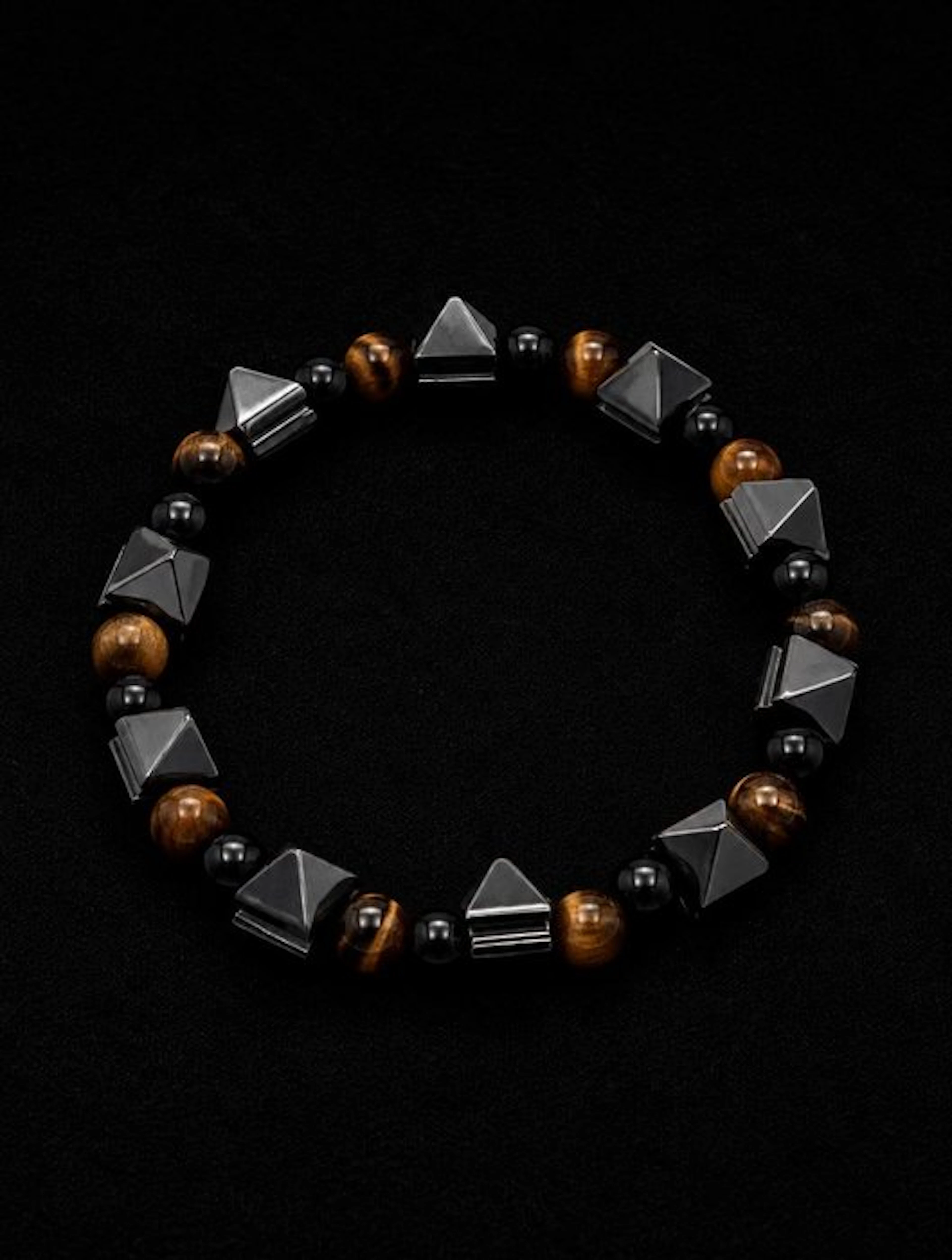 Elegant Tiger's Eye and Hematite Pyramid Bracelet - Men's...