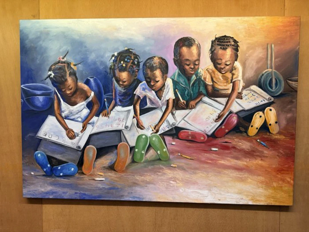 Large African painting by Ashley - learning children. - Ghana