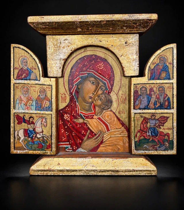 Triptych Icon - Madonna and Child - Hand-painted - Wood - 1950-1960