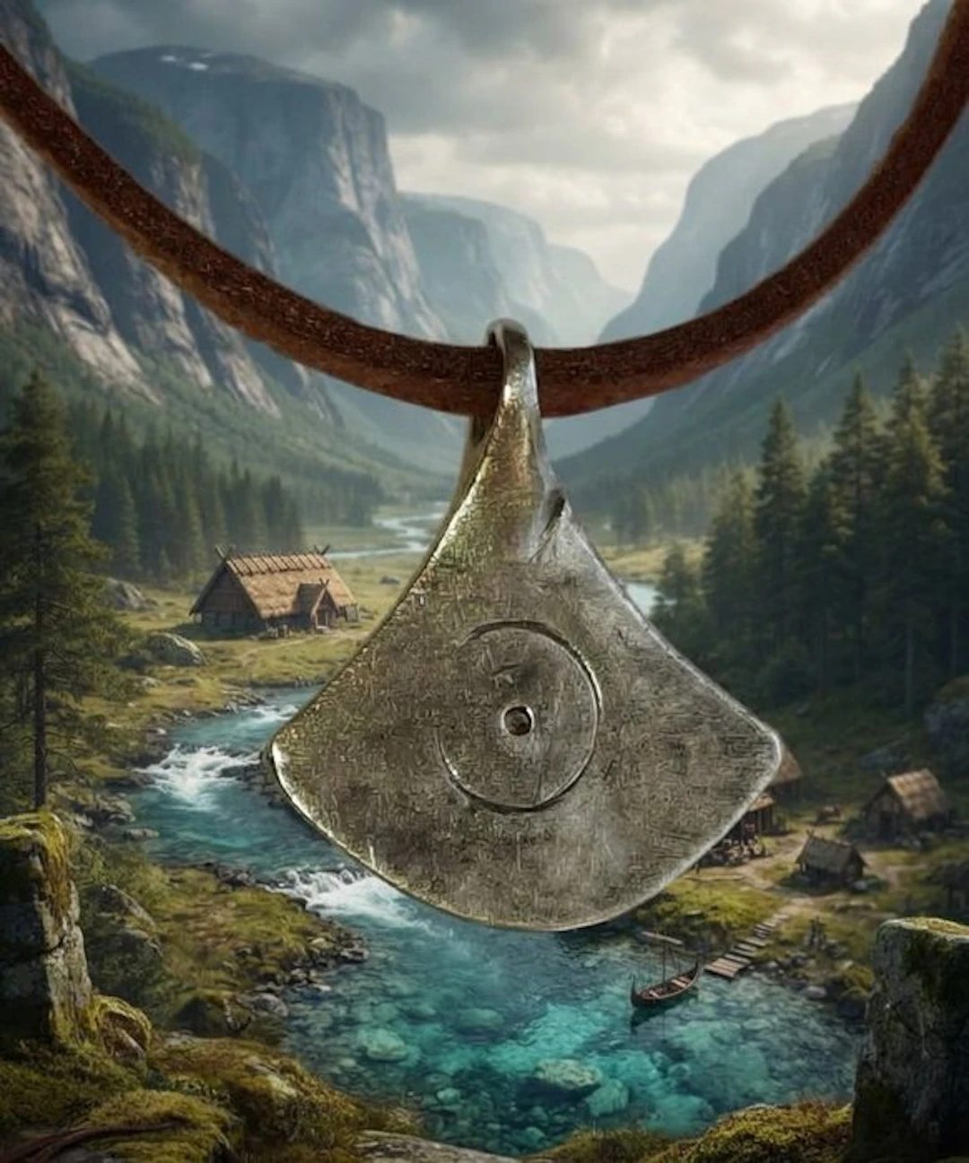 Viking Era Silver Axe-shaped amulet with solar symbols