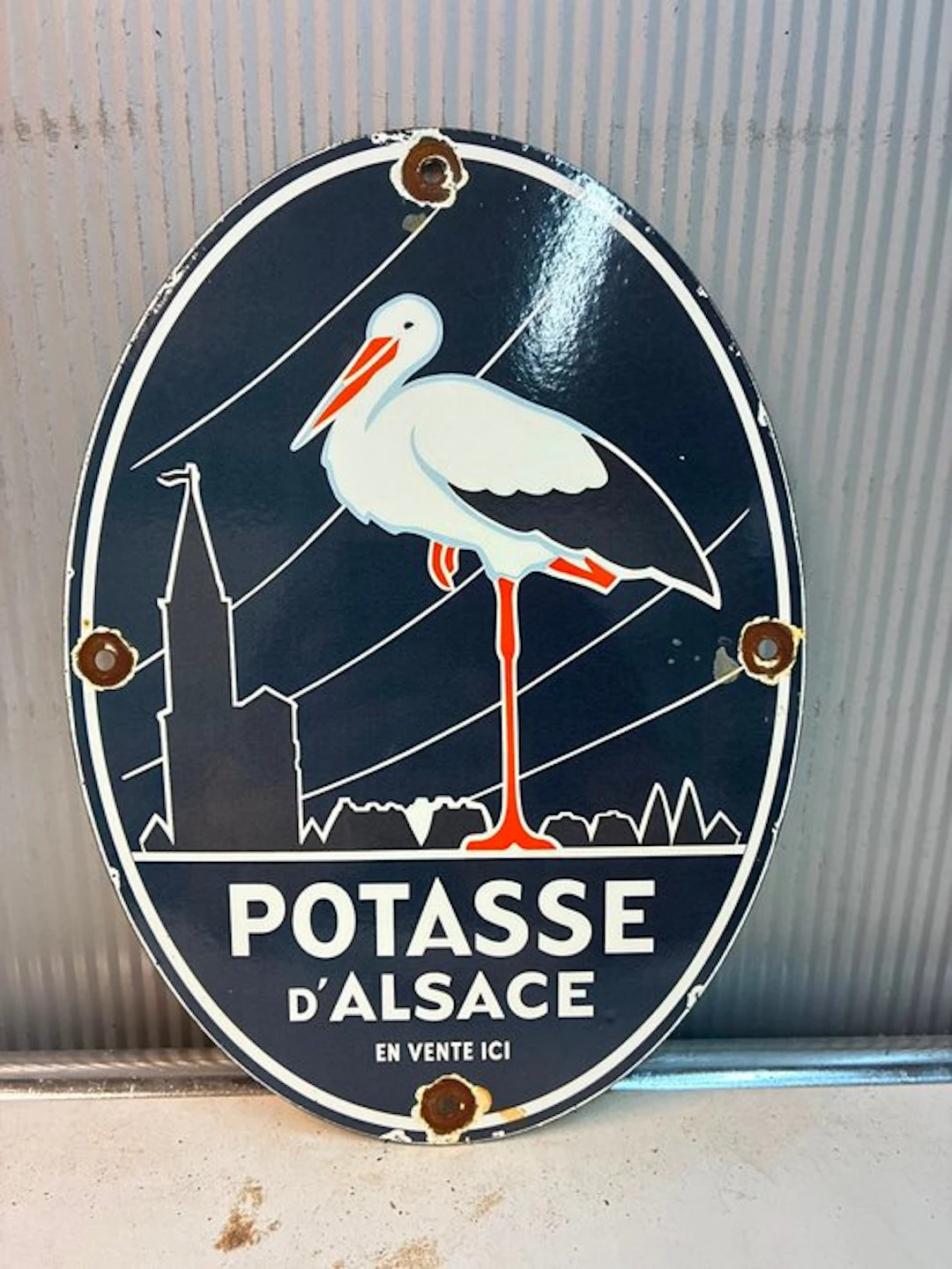 Potasse d’Alsace – Ovaal Emaille Reclamebord met Ooievaar - Enamel