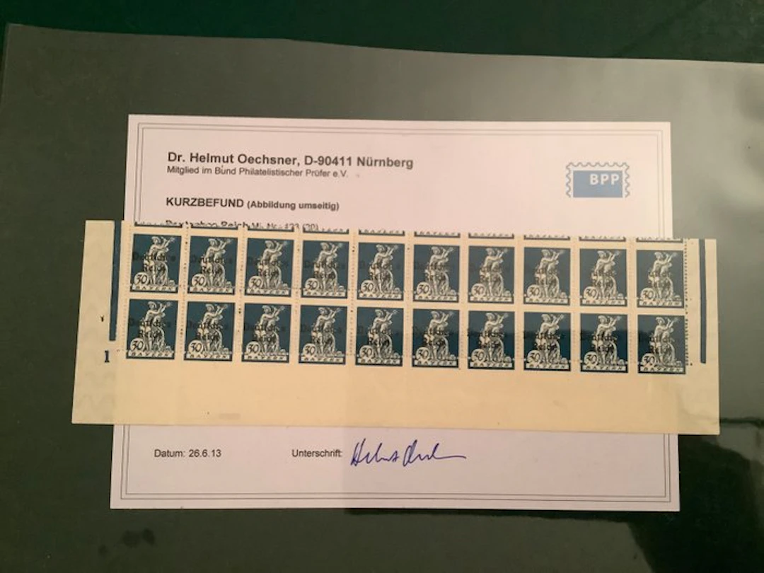 German Empire 1920 - 30 Pf in a block of 20 with shifted...