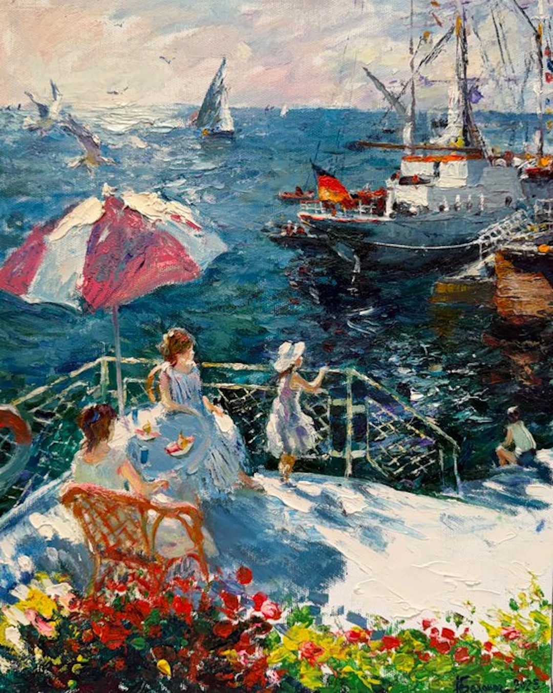 Anatoly Belonog (1946) - Déjeuner en Terrasse – Voiliers au Large