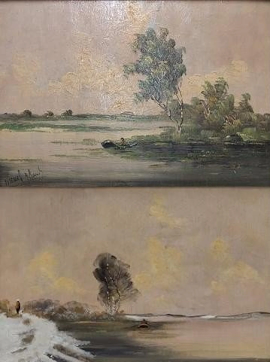 Dutch school (XX) - Zomer- en winterlandschap met roeiboot (pendanten)