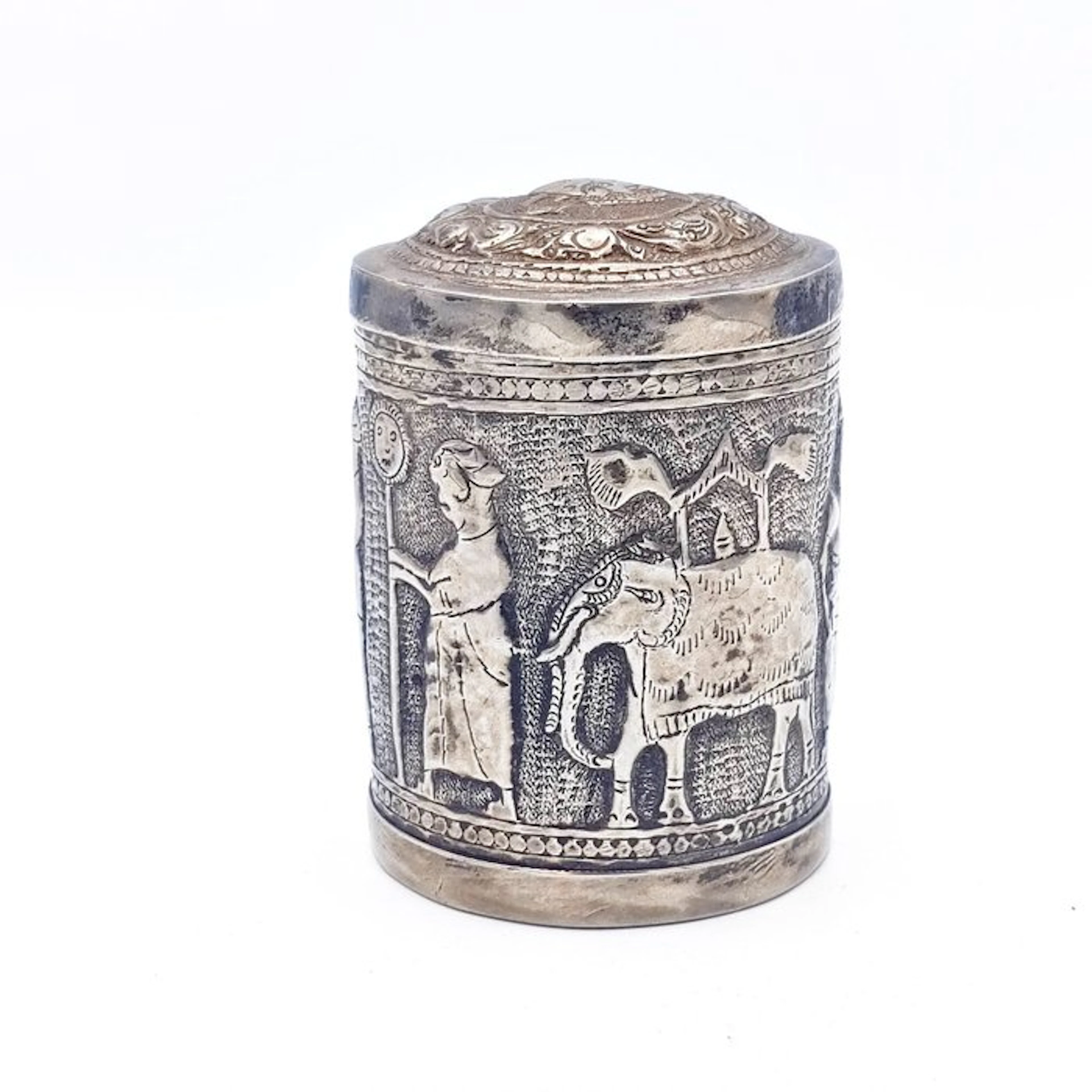 Ancient Nepalese Silvered Copper Medicine Herbs Box with...