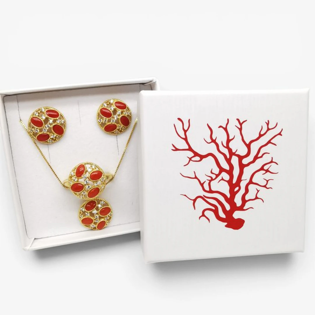 Coral - Sterling Silver 925 - 3 piece jewellery set - Italian craftsmanship