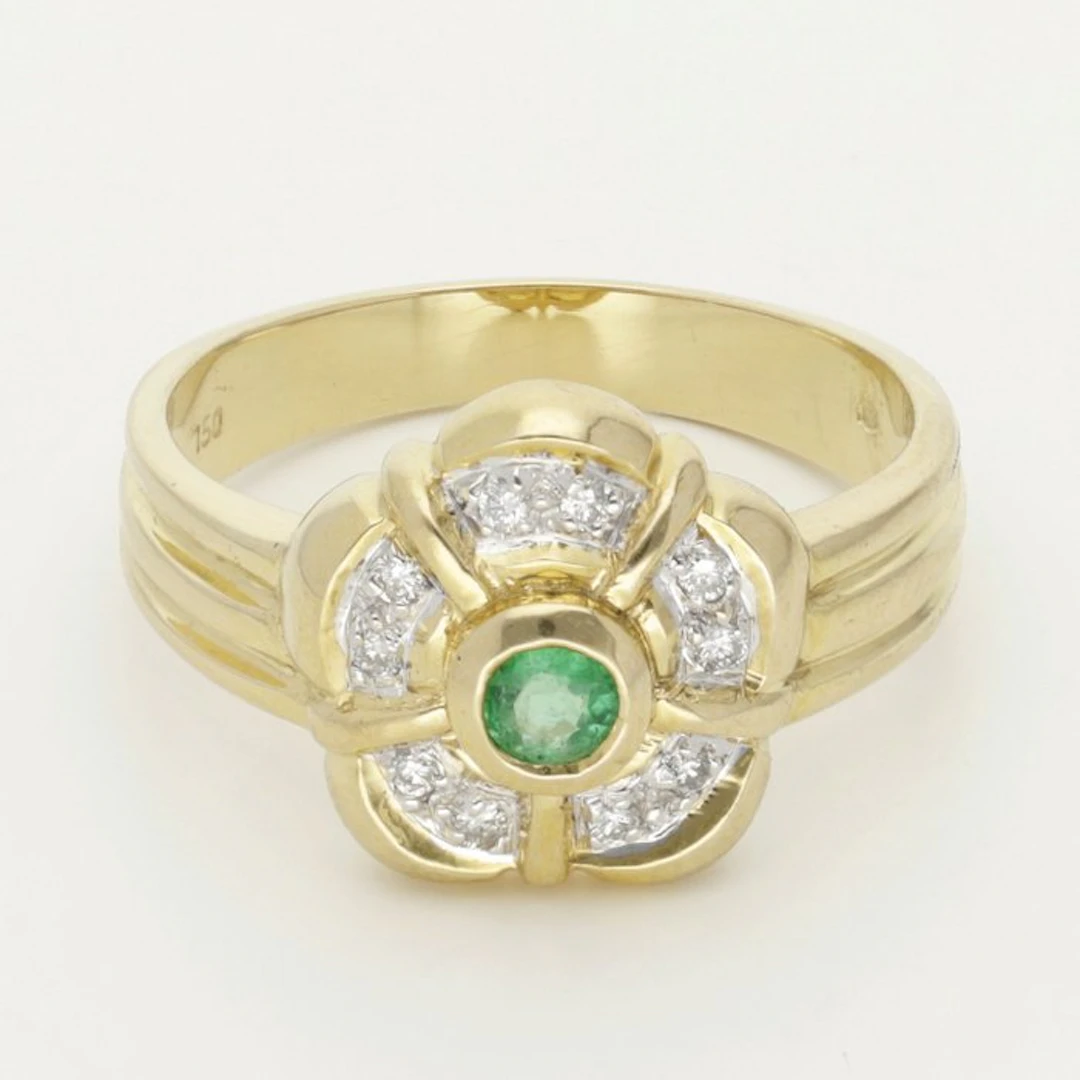 Ring - 18 kt. Yellow gold - 0.18ct. tw. Diamond (Natural) - Emerald