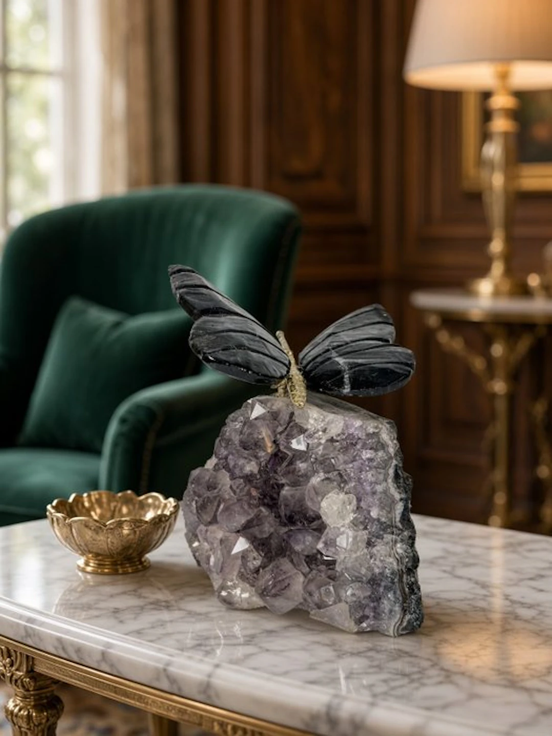 Hand-carved black onyx butterfly on amethyst cluster - no...