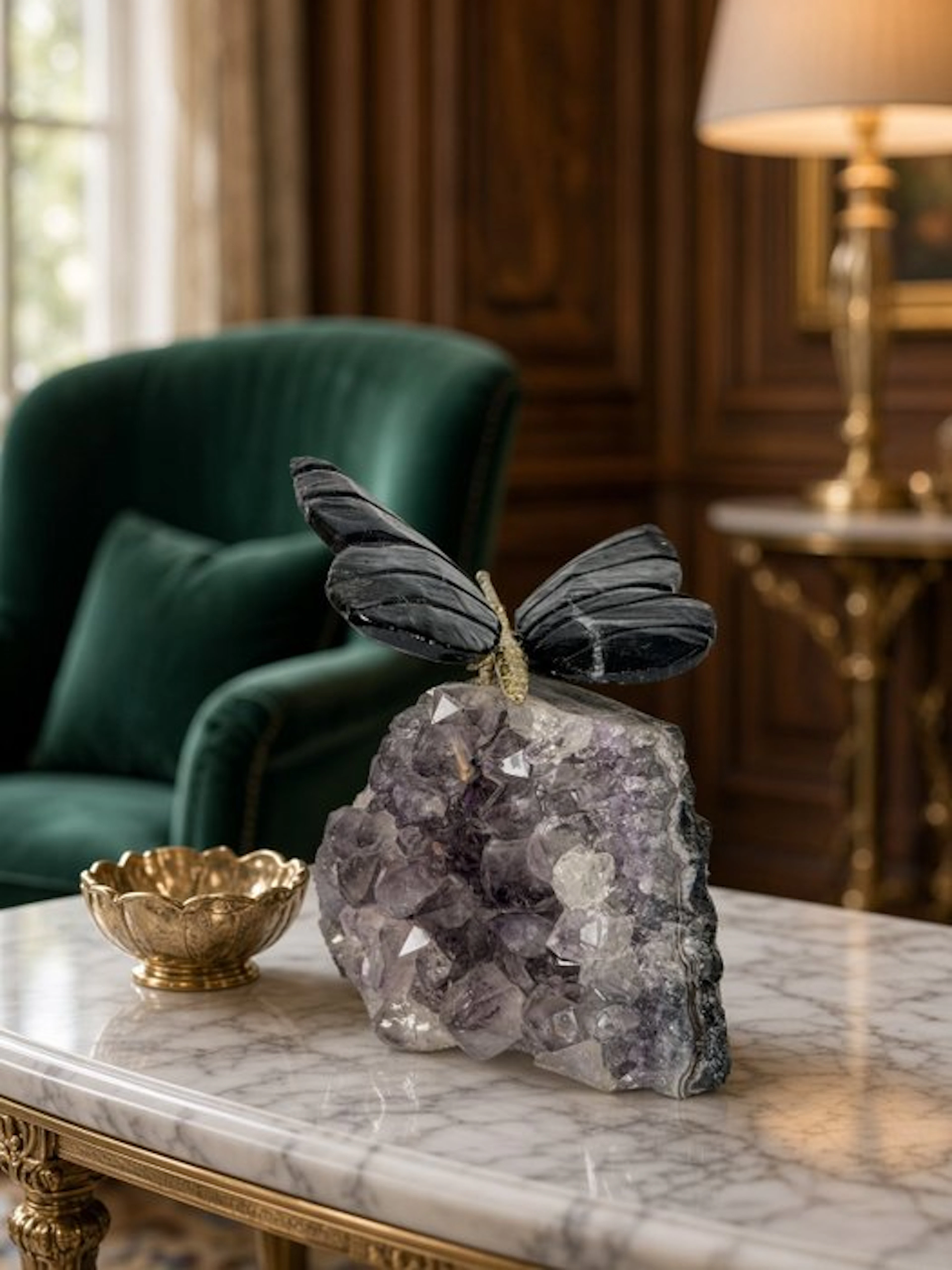 Hand-carved black onyx butterfly on amethyst cluster - no...