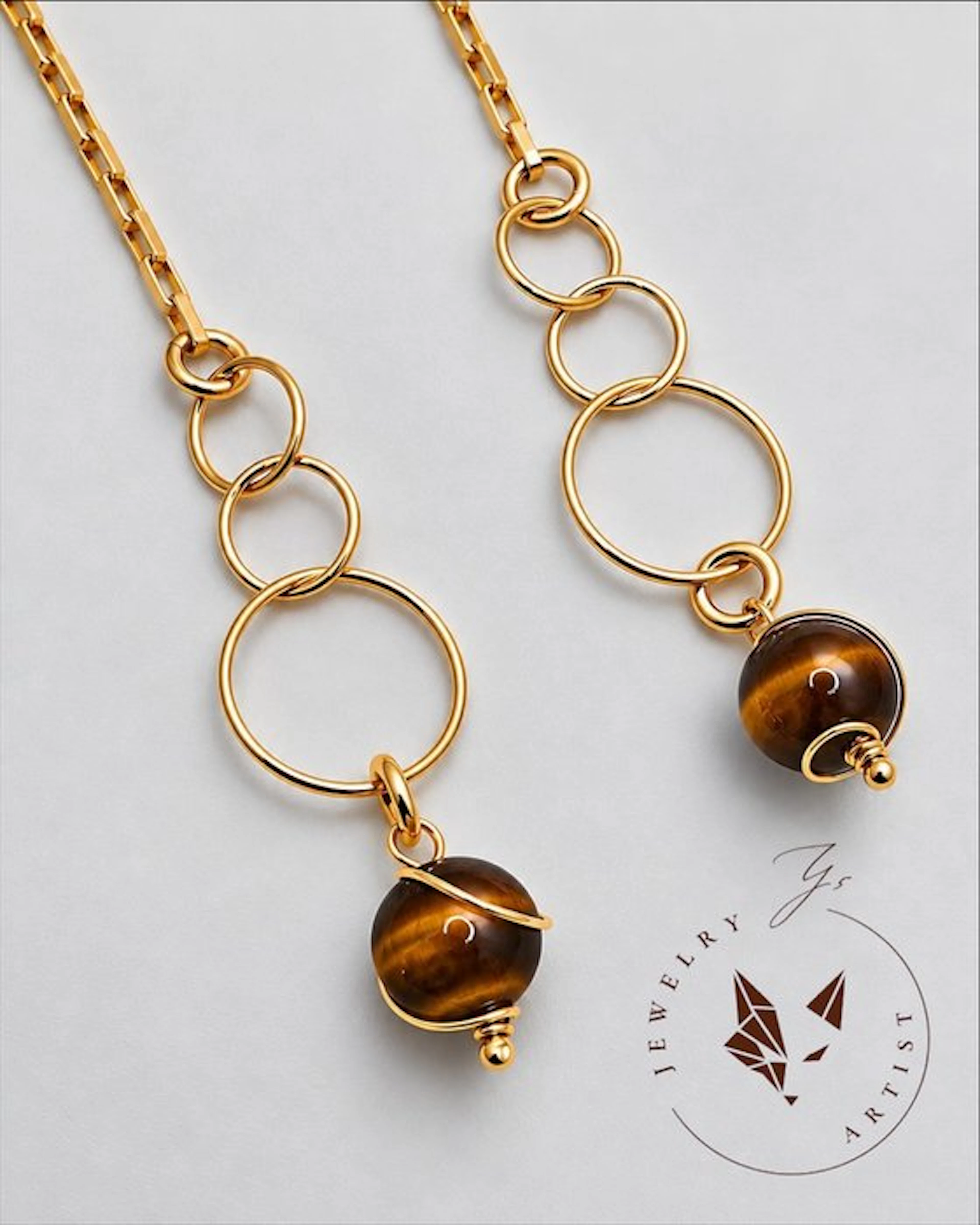 Designer Jewelry - Tiger's Eye - 925 Silver - 21k Gold...