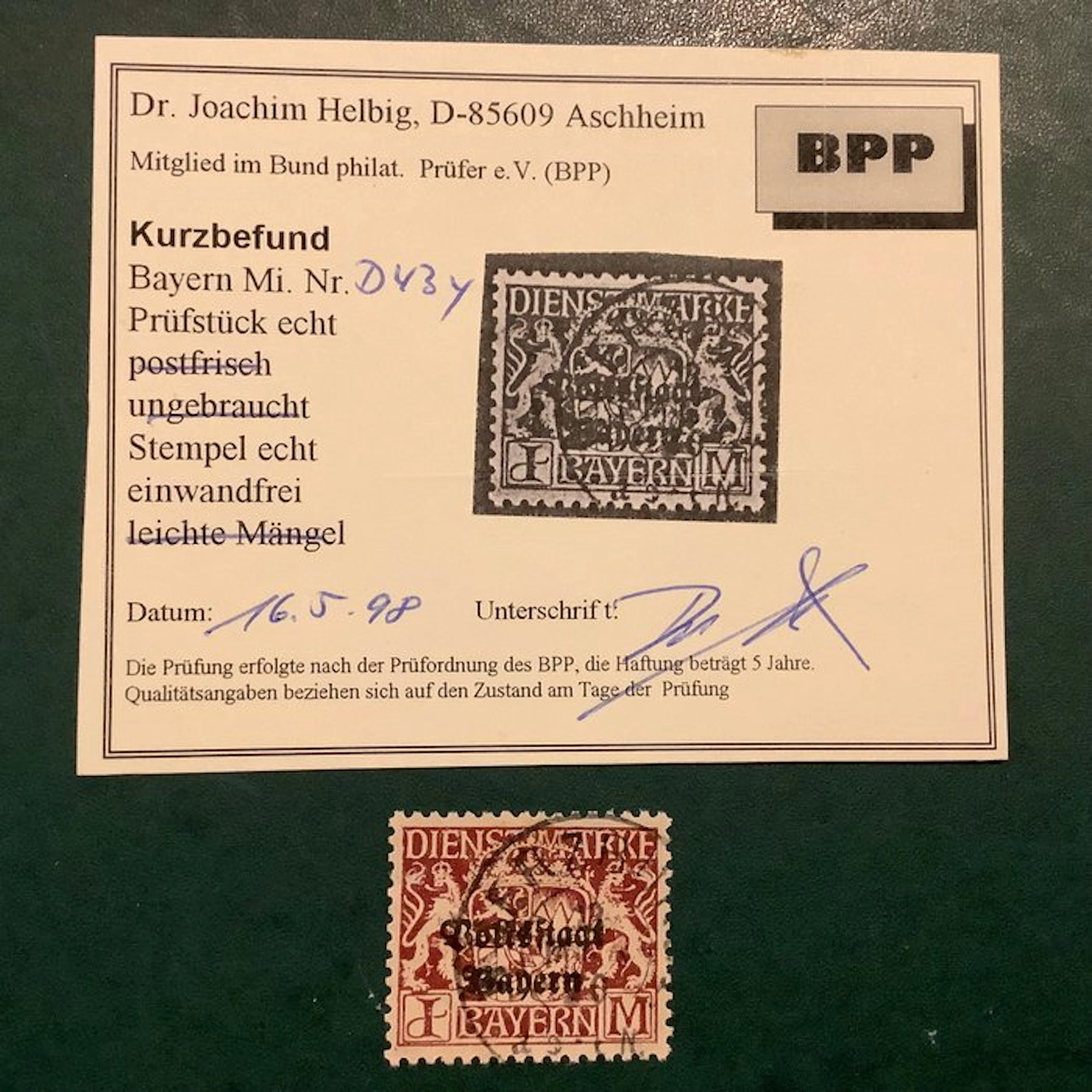 Bavaria 1919 - Service: 1 Mark seal with a faultless finding Helbig
