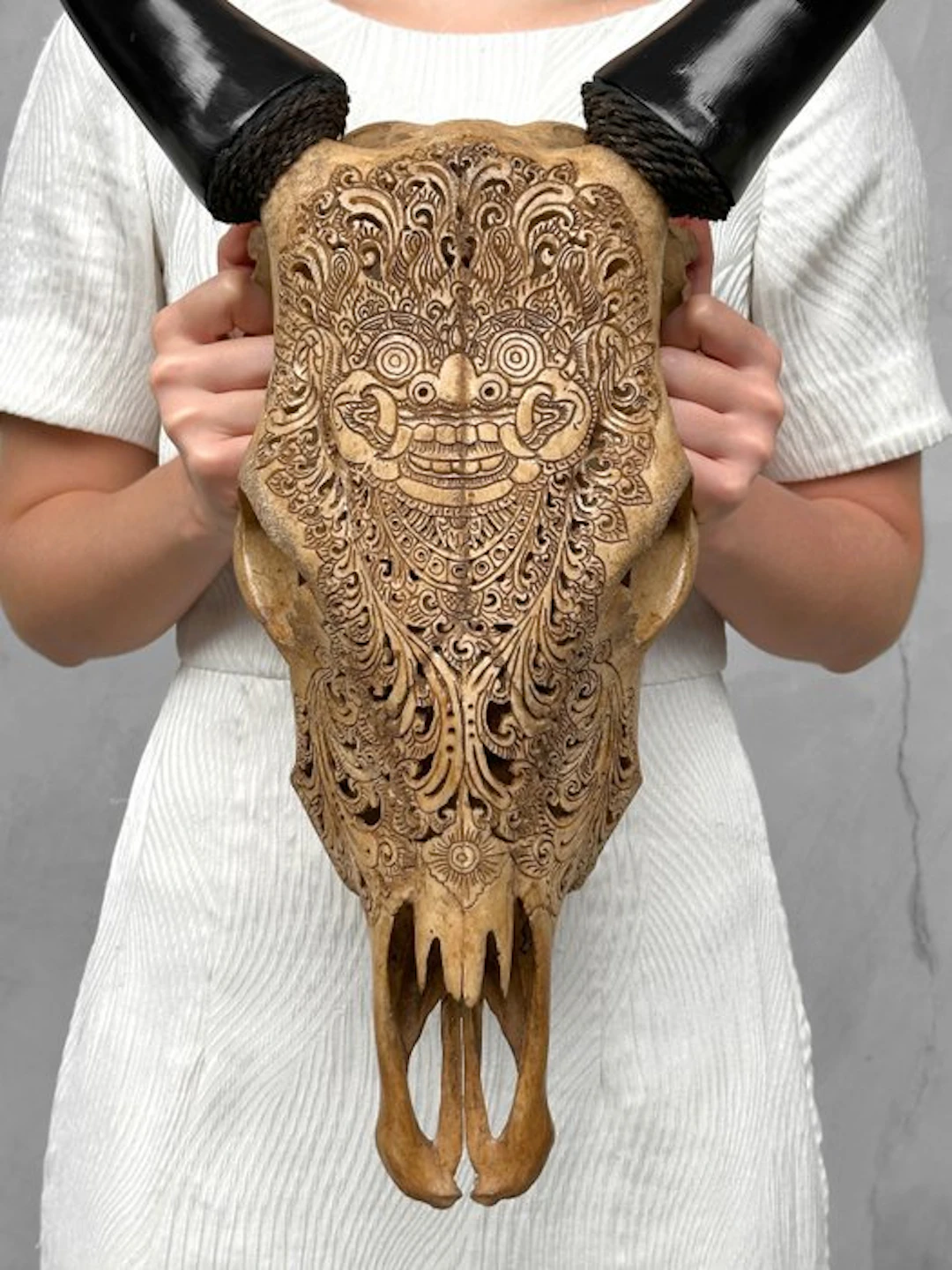 NO RESERVE PRICE - Stunning Brown Hand Carved Cow Skull...