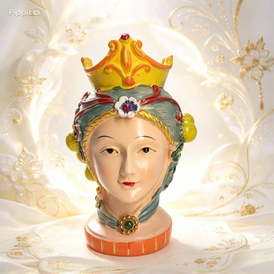 Figurine - Testa di Moro in Resina con Corona e Frutta - Resin