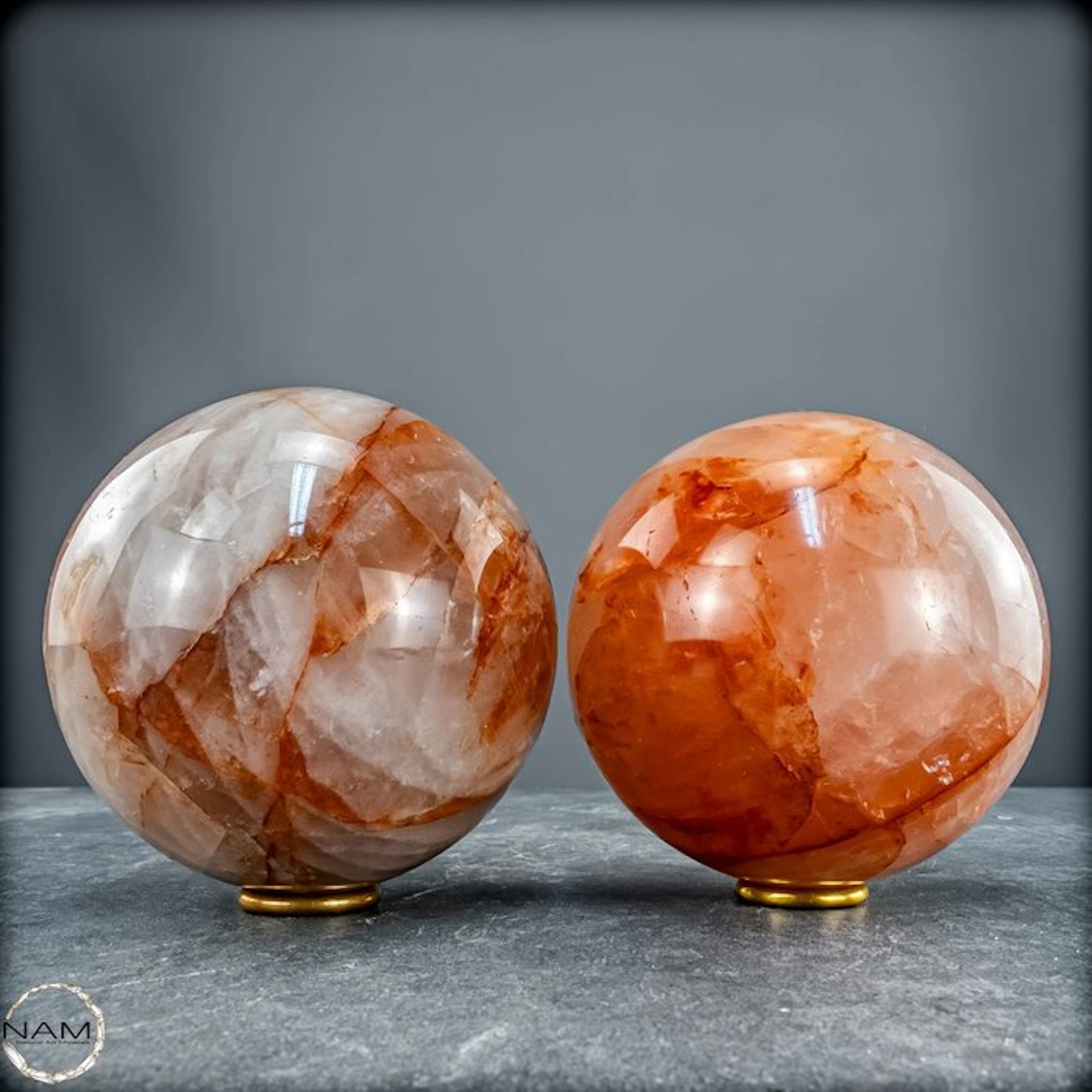 Fiery fire quartz sphere set – two powerful natural stone...