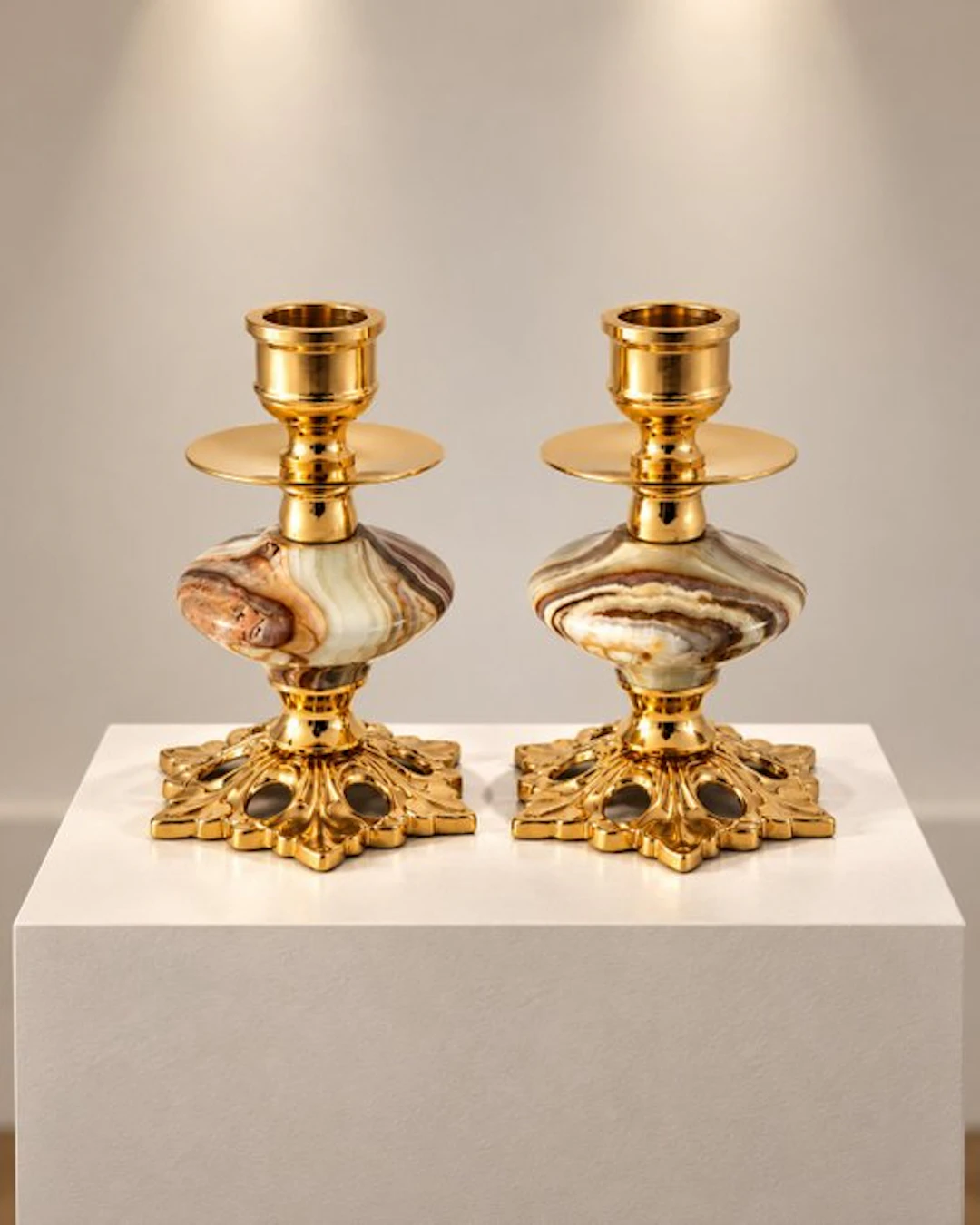 Candlestick (2) - Gilt brass - Luxury onyx classics