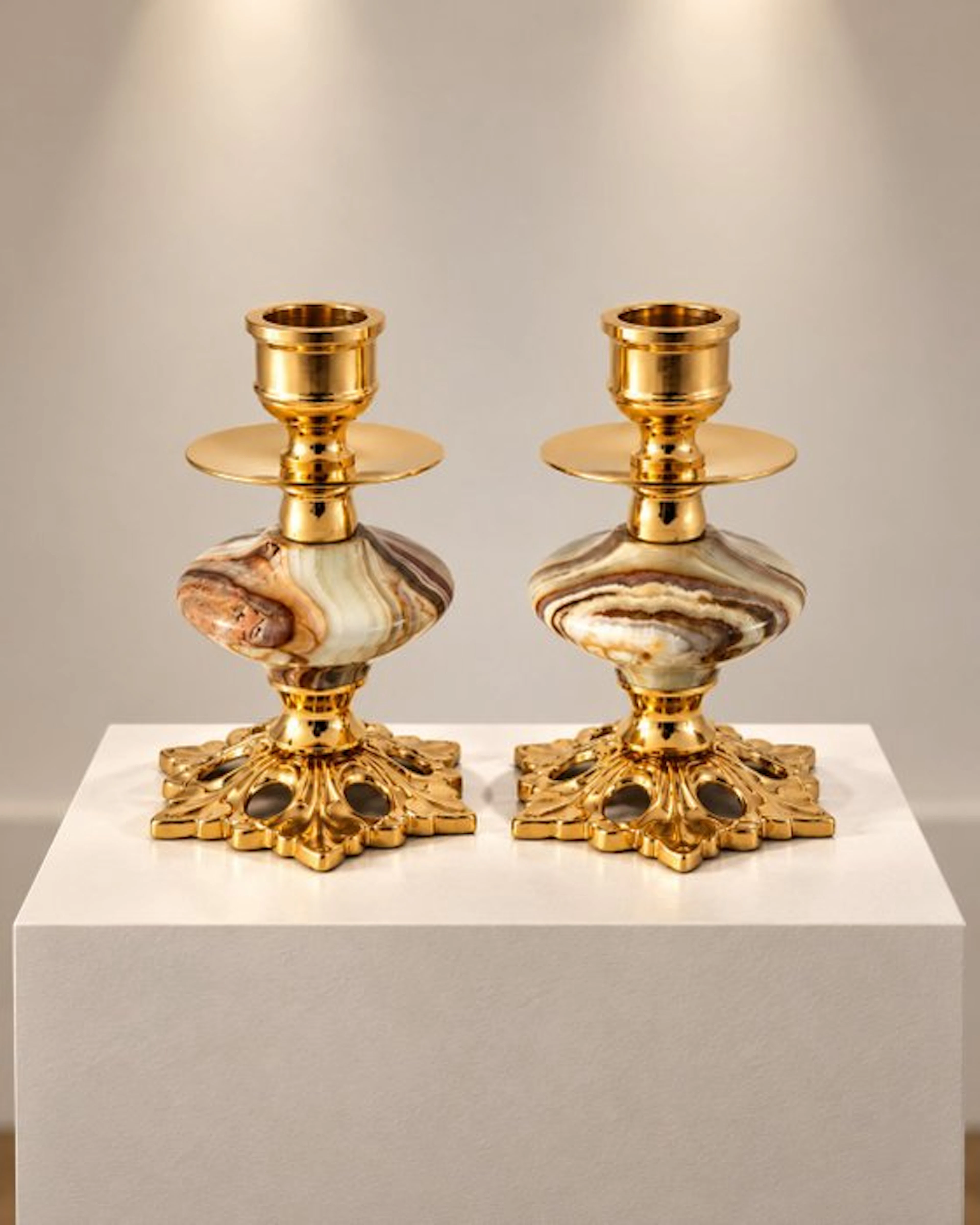 Candlestick (2) - Gilt brass - Luxury onyx classics