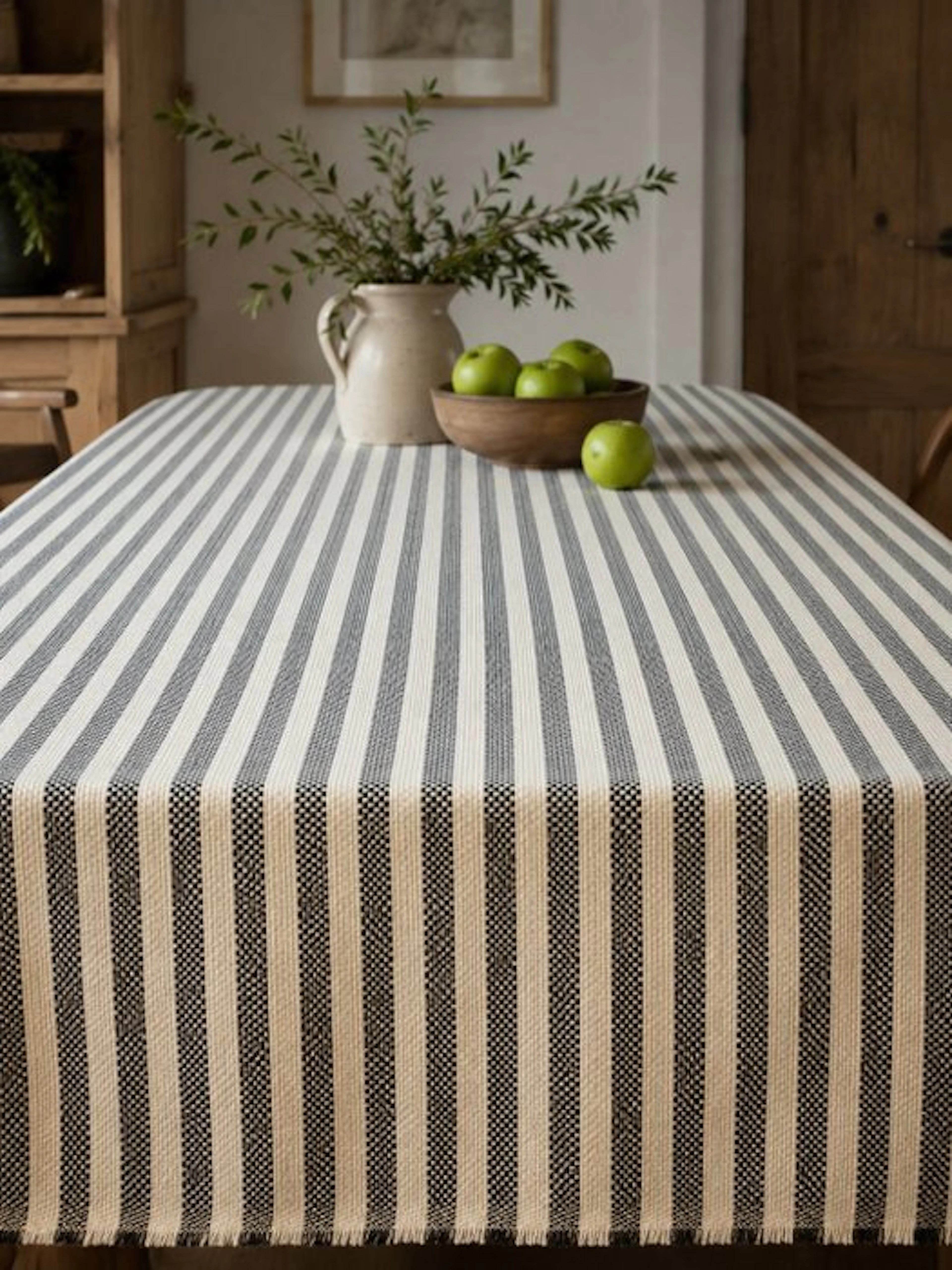 Navy blue and ivory striped upholstery fabric – textured...