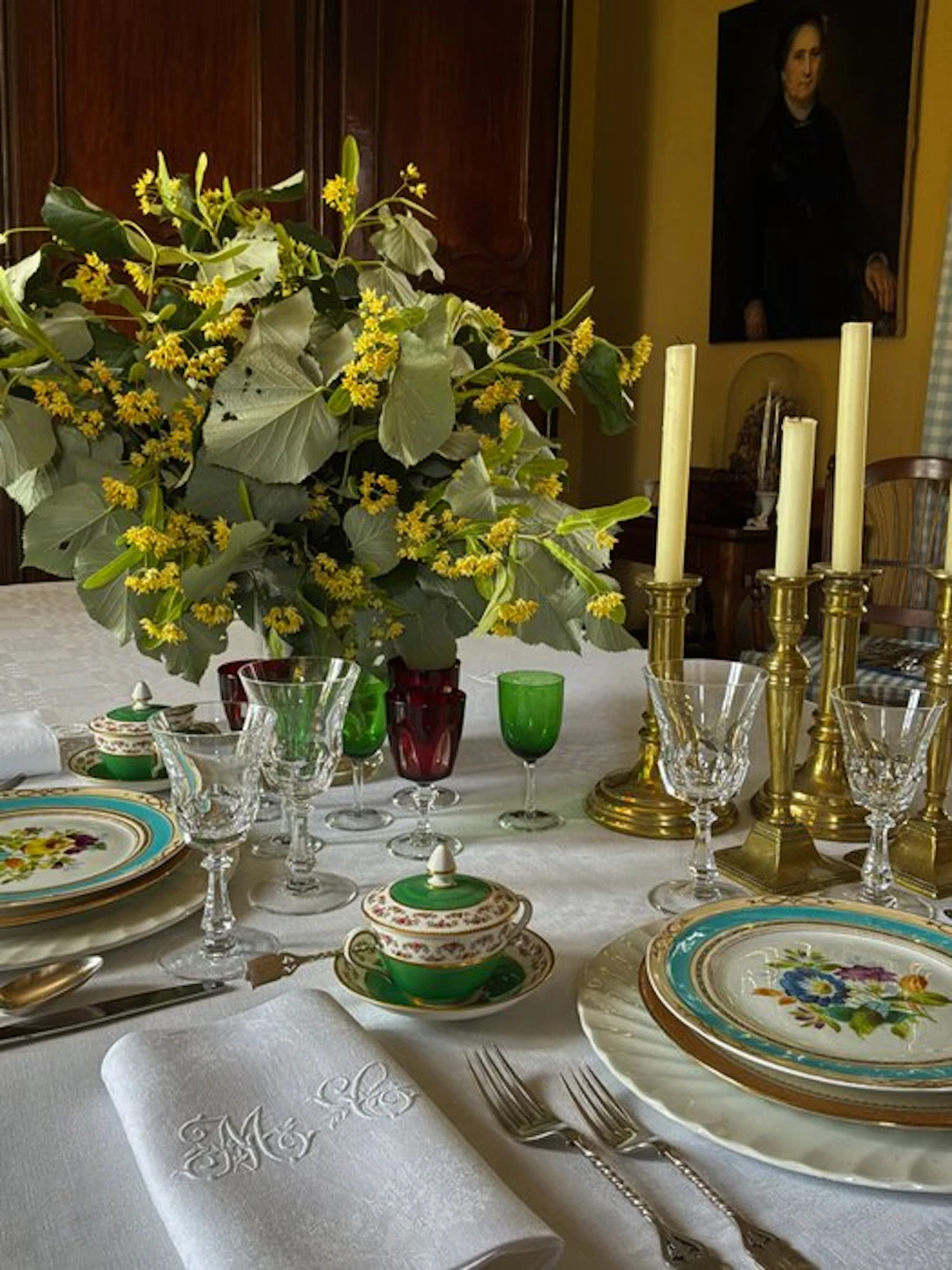 6 Early XXth Century damask linen napkins with M.C.initials