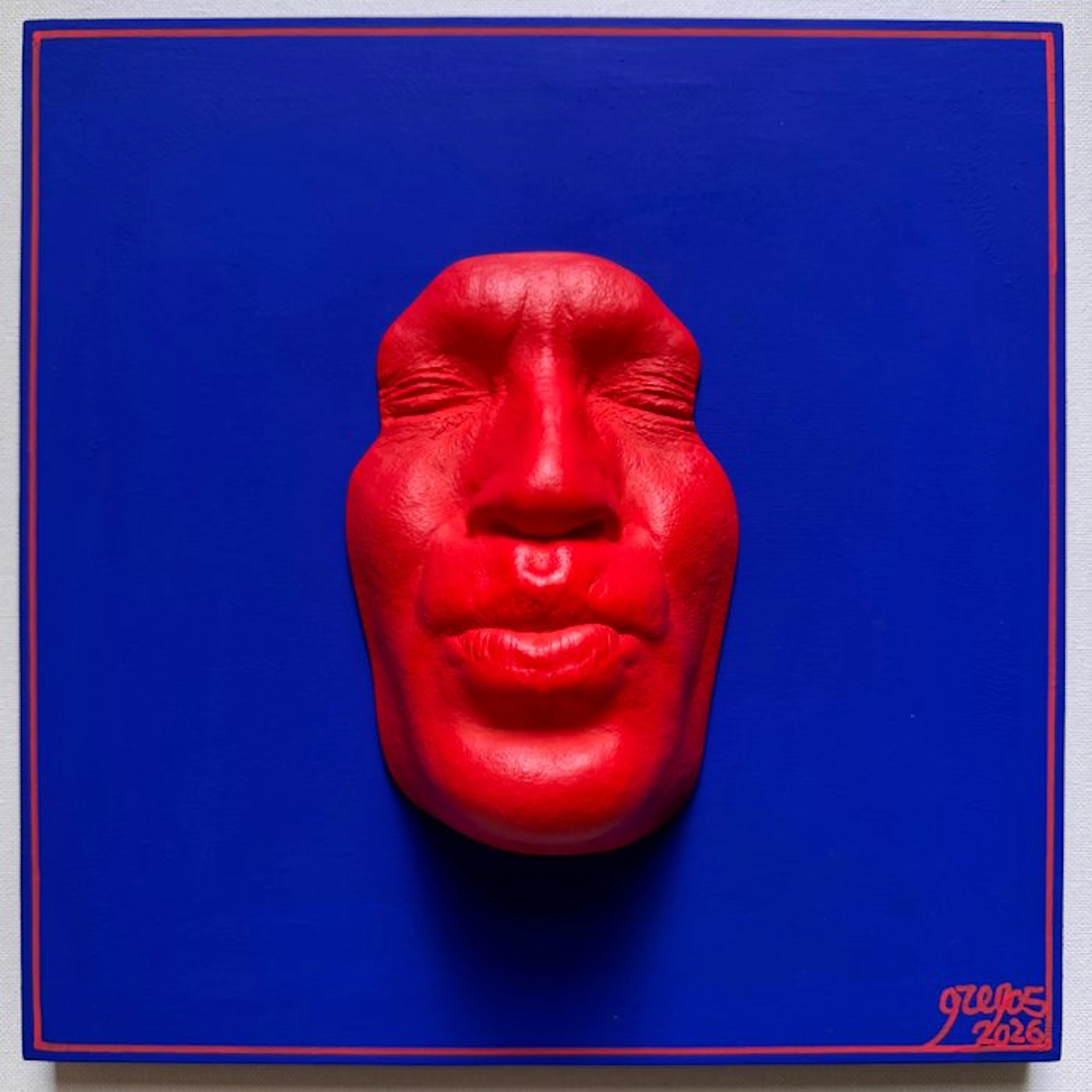 gregos - Red kiss on blue background-red line