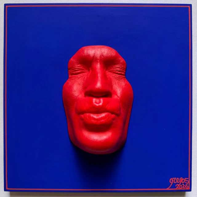 gregos - Red kiss on blue background-red line
