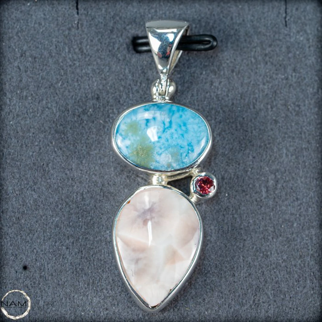 Natural Larimar-Tourmaline-Pink Natrolite Pendant - 925 Silver - 38.8