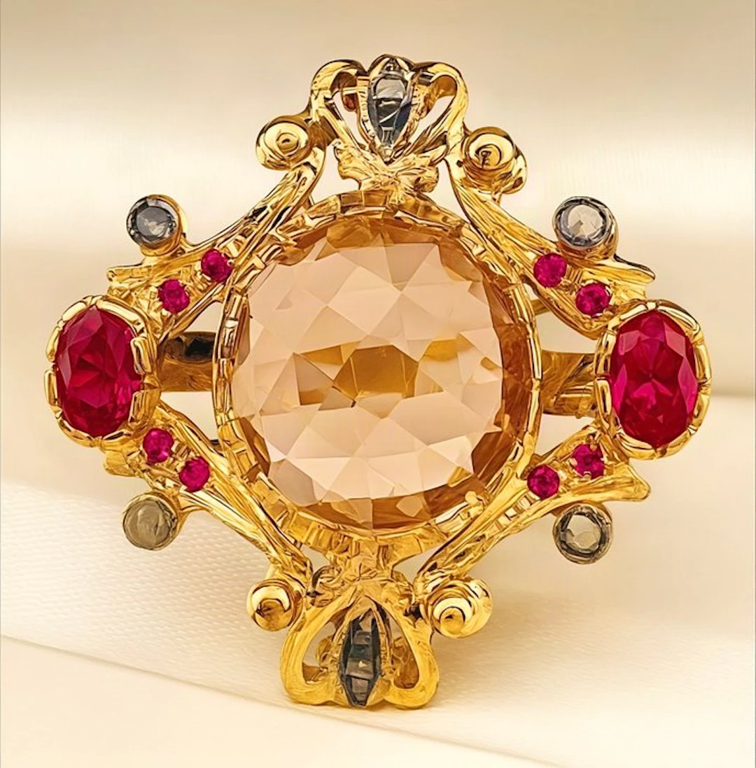 No reserve price - Ring - 9 kt. Yellow gold, Silver Quartz - Diamond