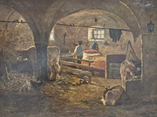 Hugo Charlemont (1850-1939) - Bauer mit Kühen im Stall