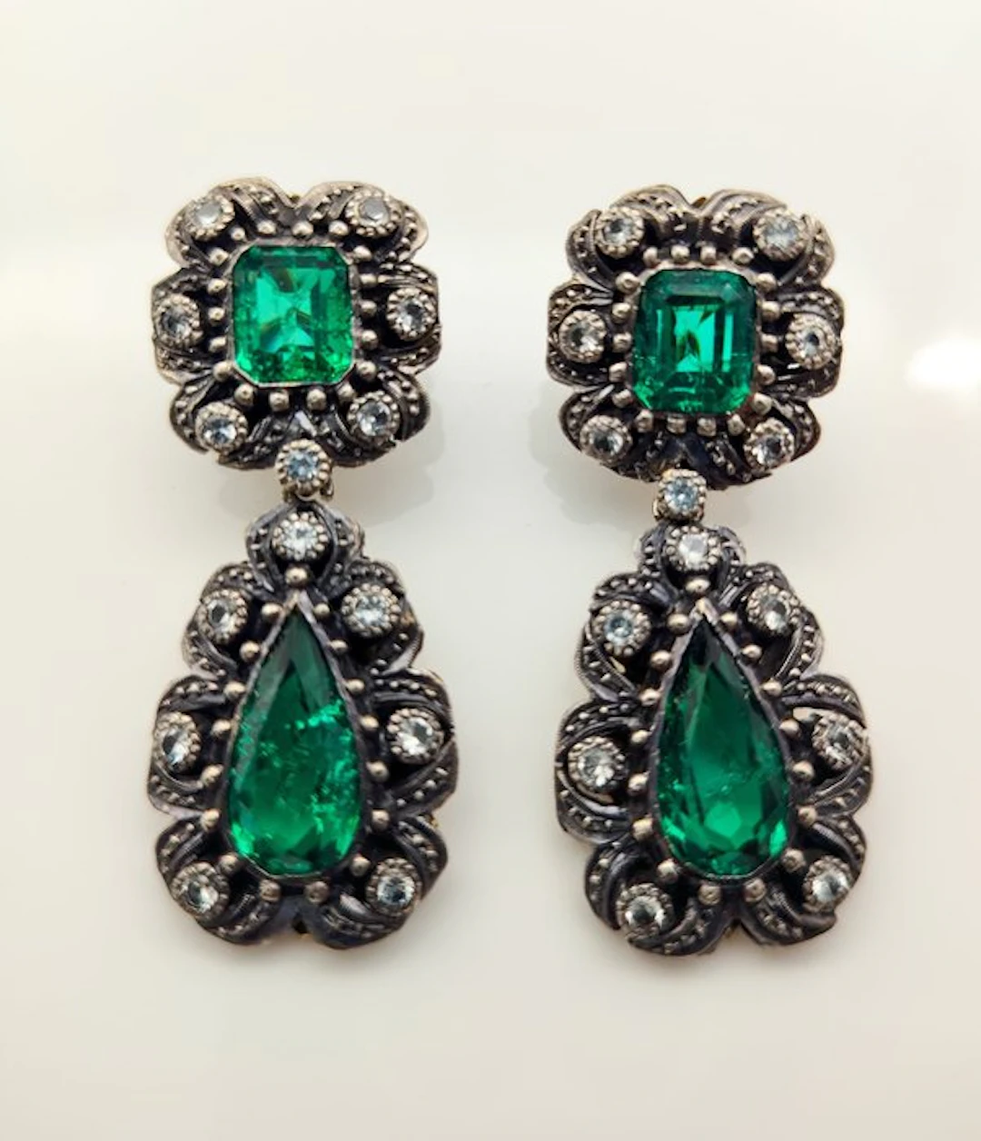 Earrings - 14 kt. Silver, Yellow gold Emerald - Quartz