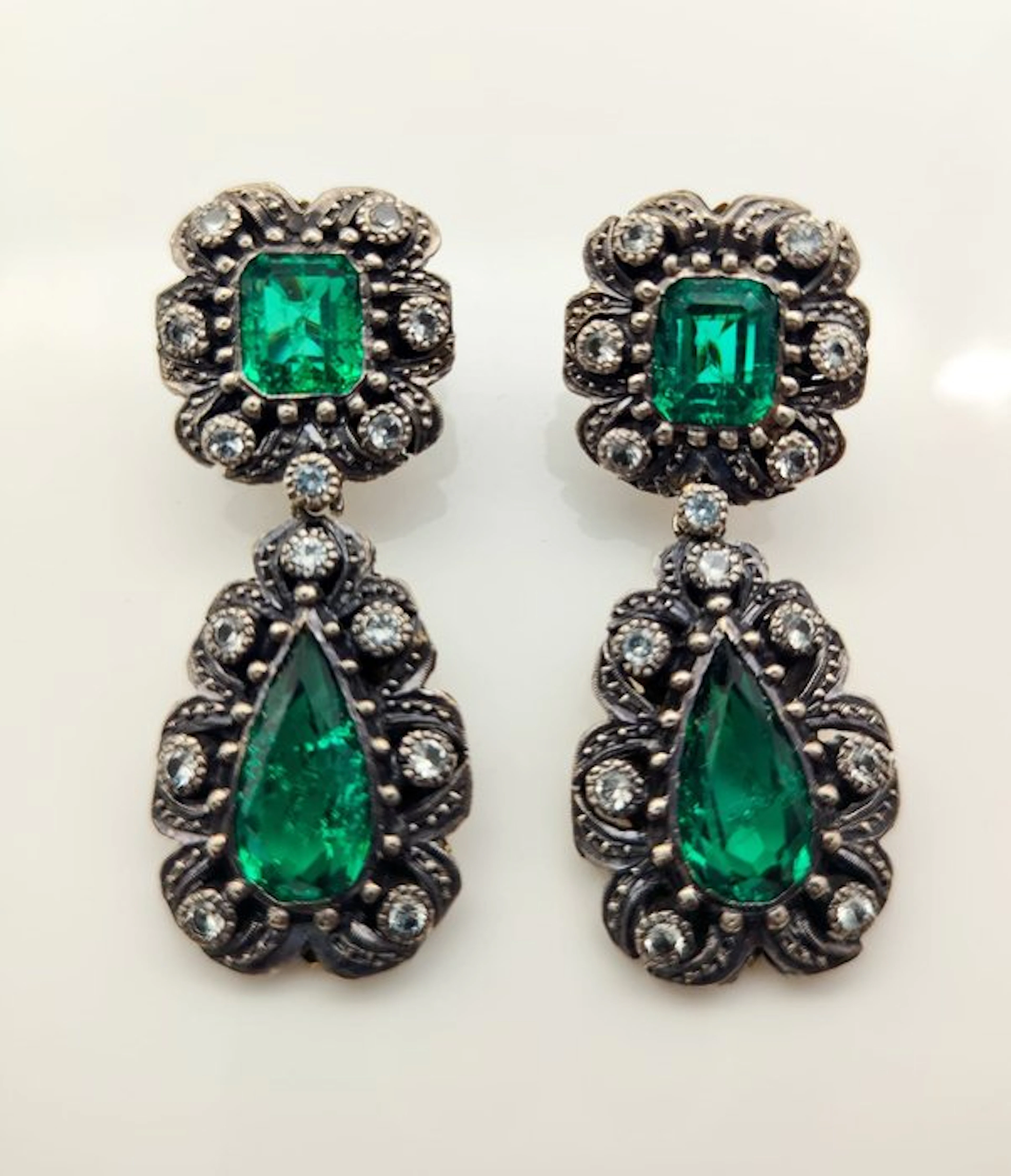 Earrings - 14 kt. Silver, Yellow gold Emerald - Quartz