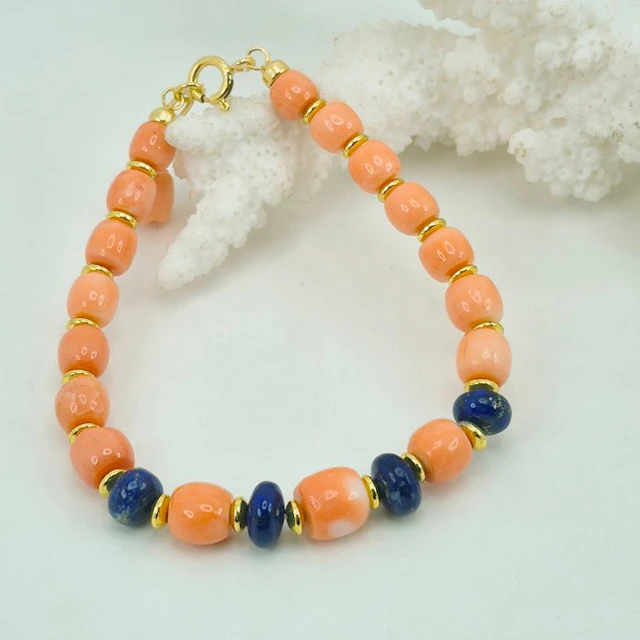 Silver, Gold-plated Bracelet - Pink coral, lapis lazuli