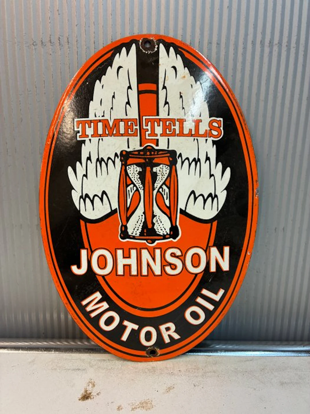 Johnson Motor Oil – Time Tells – Enamel Advertising Sign...