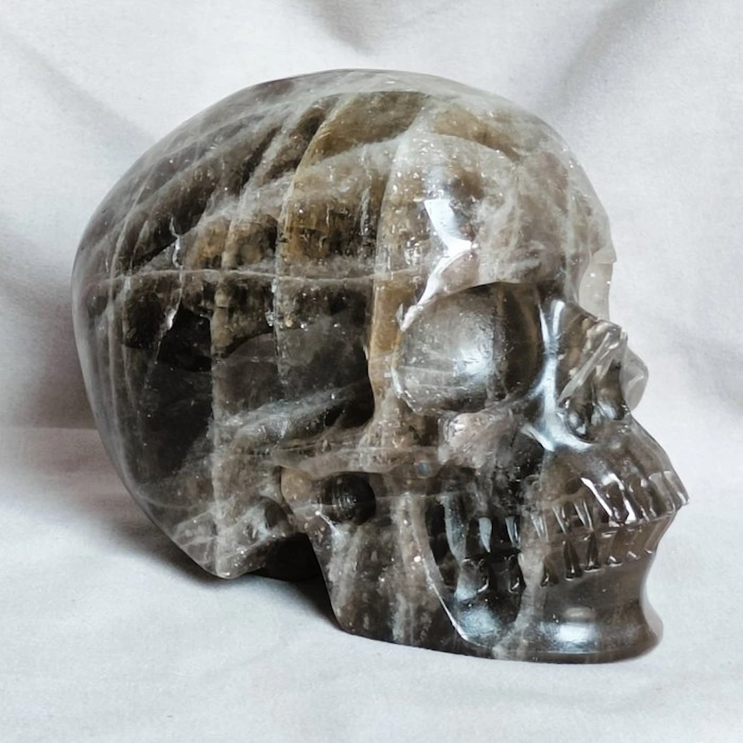 Hand-carved Skull Sculpture in Smoky Quartz Crystal...