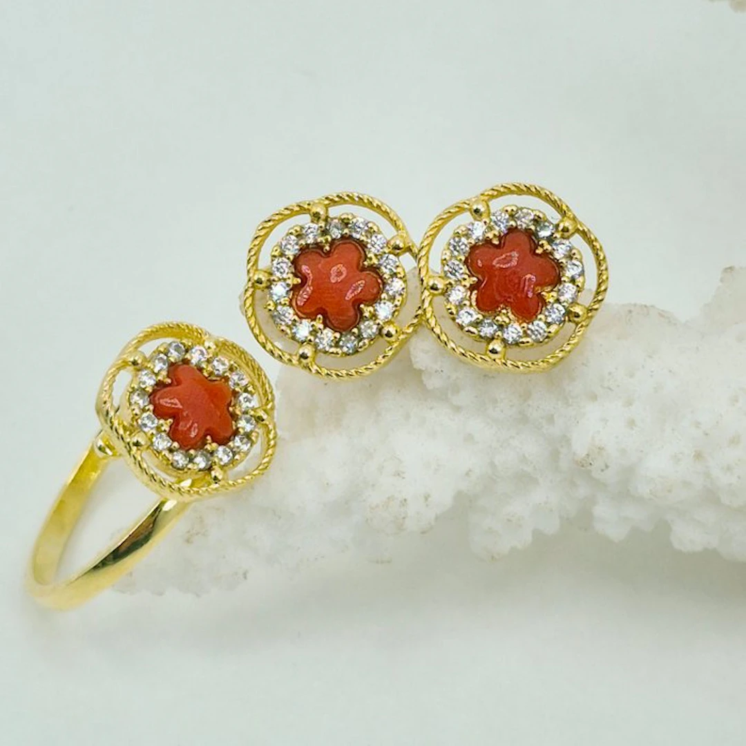 Coral - Silver, Gold-plated - 2 piece jewellery set - CORALLO MEDITERRANEO