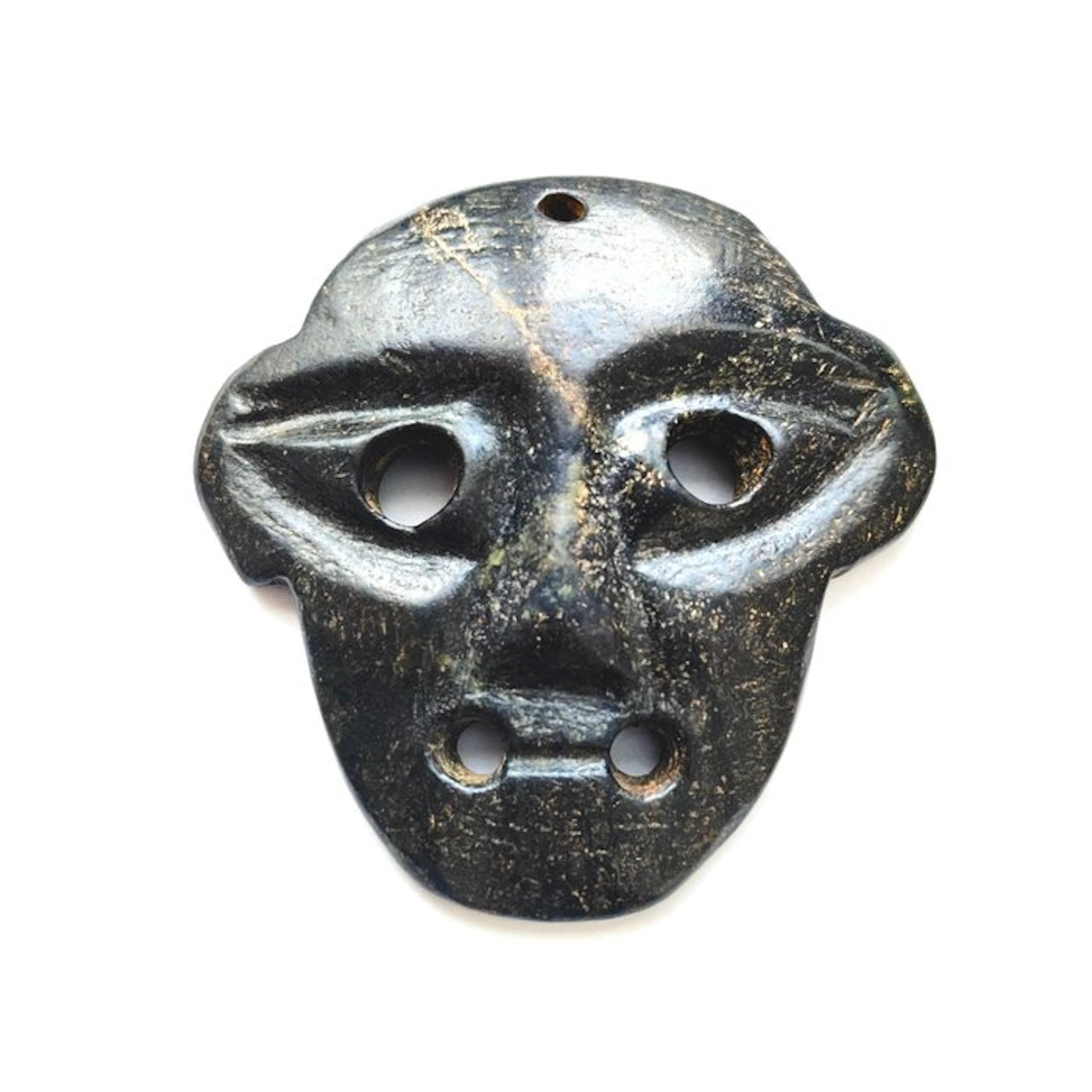 Ancient Tibetan or Nepalese Black Stone Deity Mask Bead Talisman - 79 mm