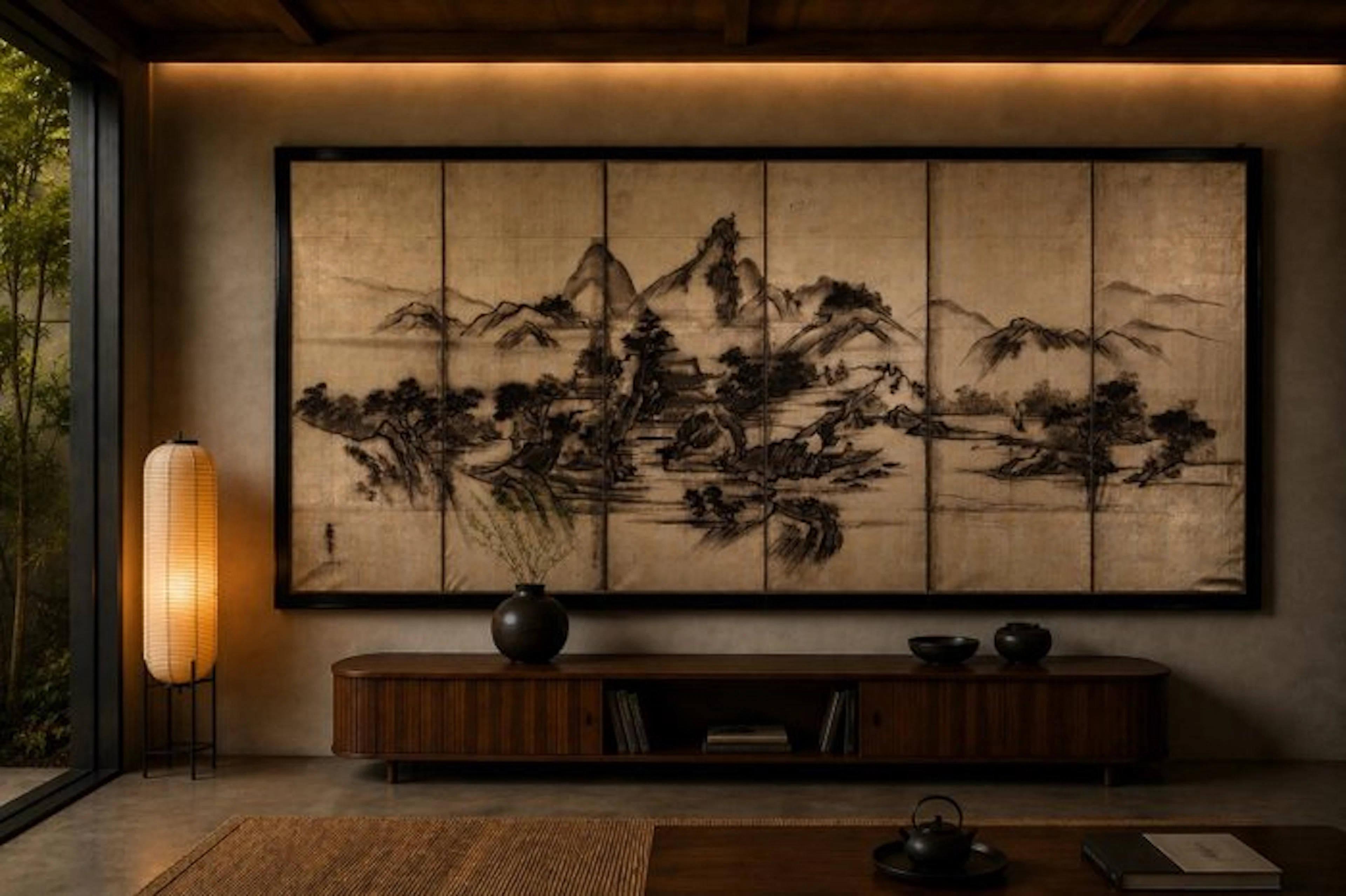 A six-panel folding screen with a mountain landscape on a...