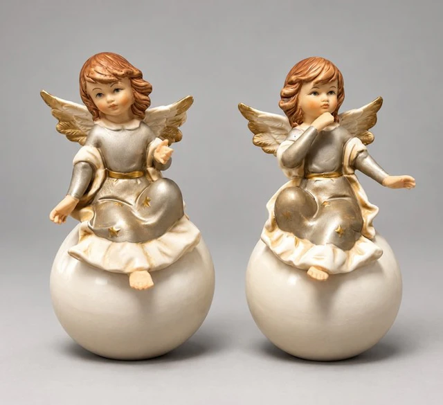 Sculpture, Set van 2 engelen figuren op bolvormige voet - 18 cm - Ceramic