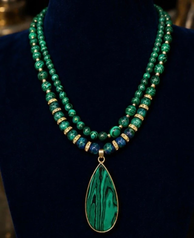 Elegant Double-Strand Green Malachite Necklace with Teardrop Pendant - Necklace