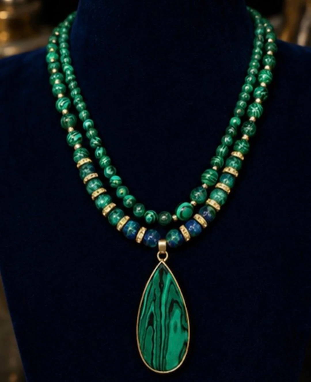 Elegant Double-Strand Green Malachite Necklace with Teardrop Pendant - Necklace