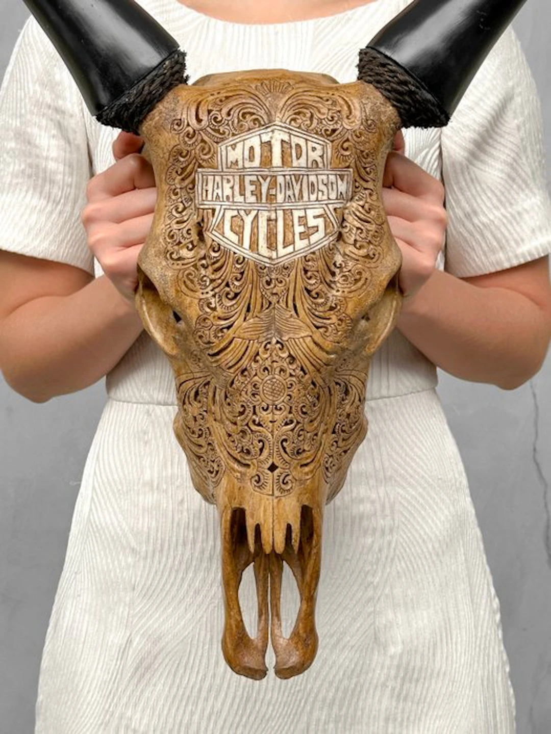 NO RESERVE PRICE - Authentic Hand-Carved Brown Cow Skull...