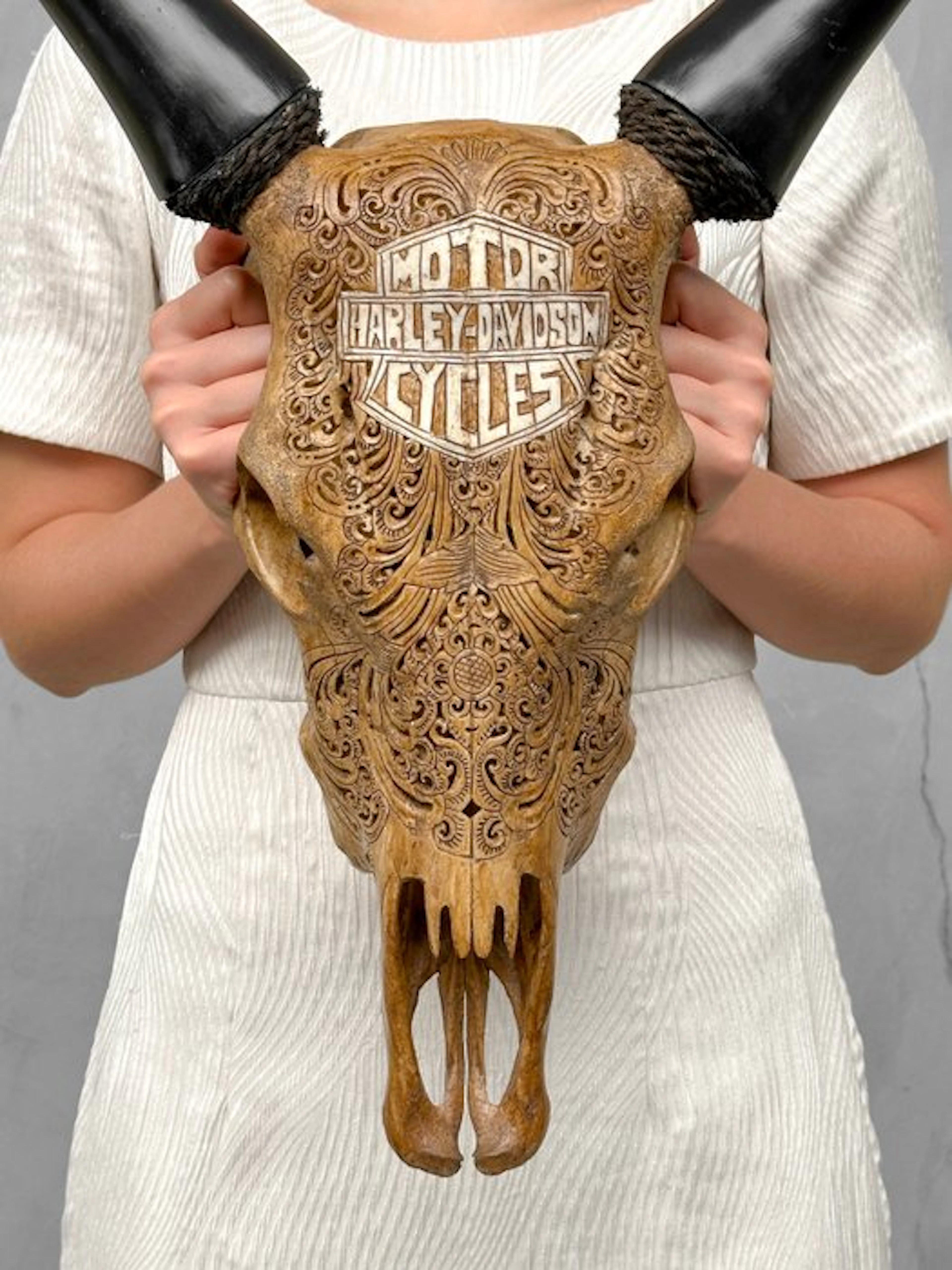 NO RESERVE PRICE - Authentic Hand-Carved Brown Cow Skull...